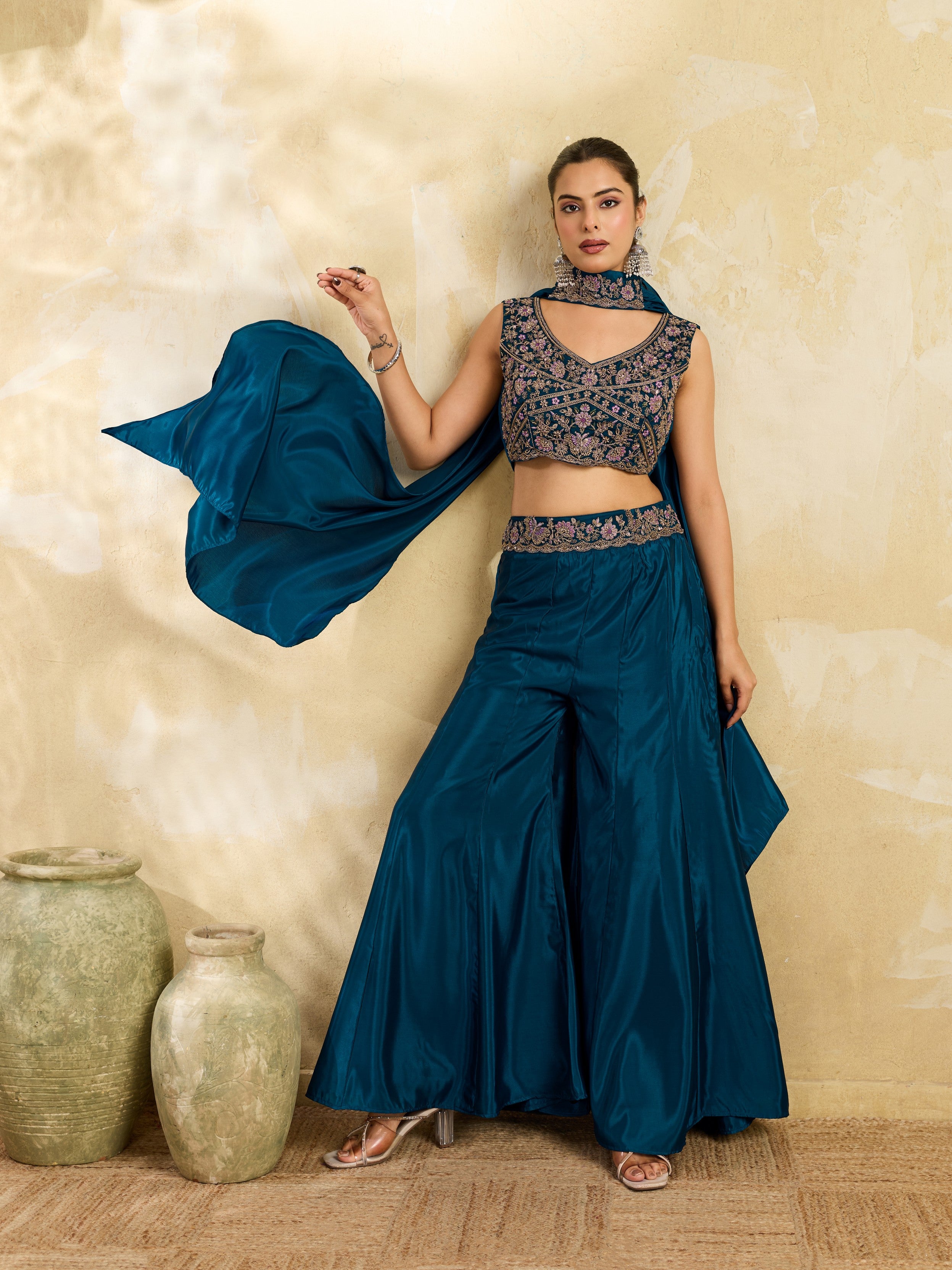 Teal Blue Embellished Premium Silk Palazzo Set