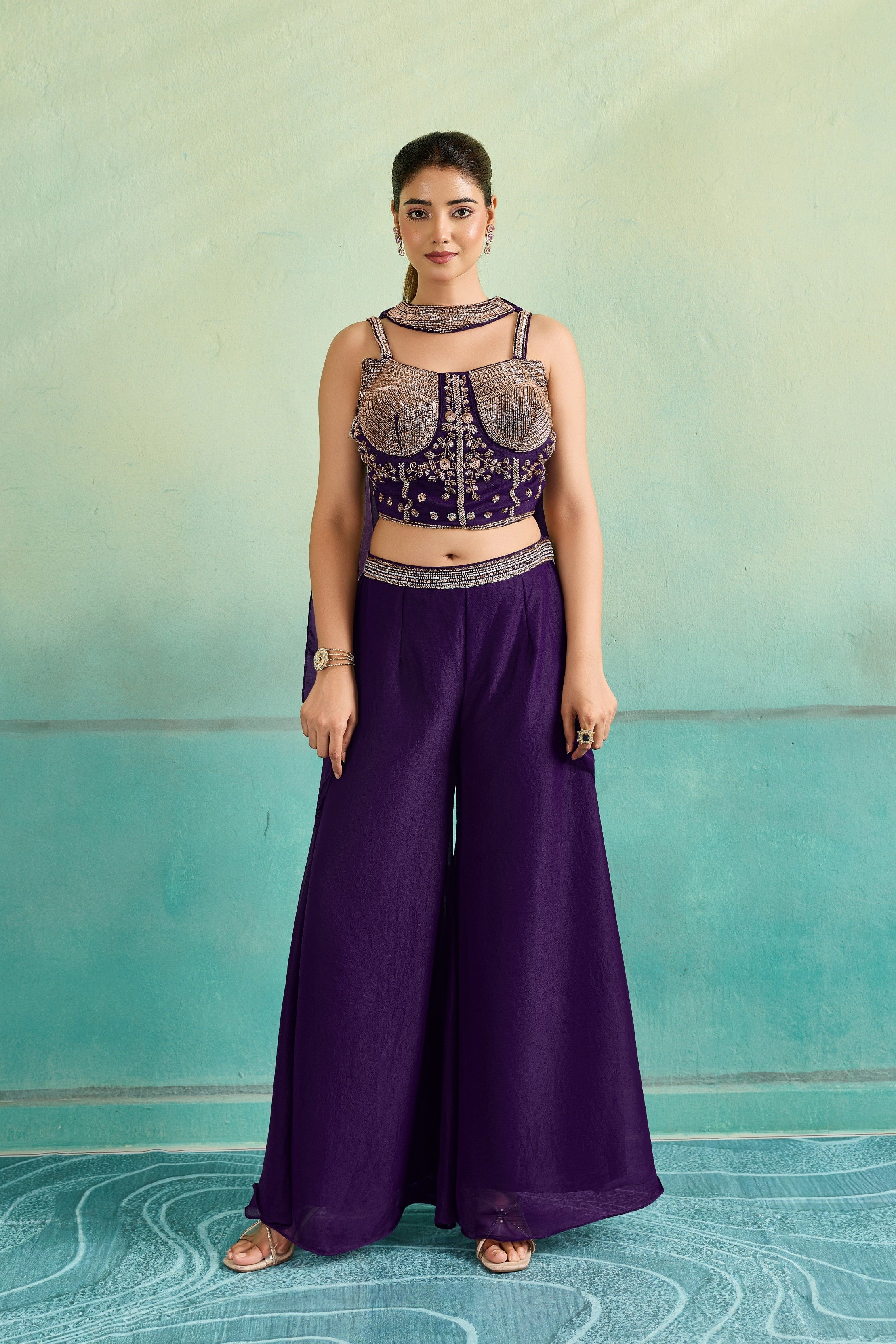 Deep Purple Embellished Chinon Silk Palazzo Set