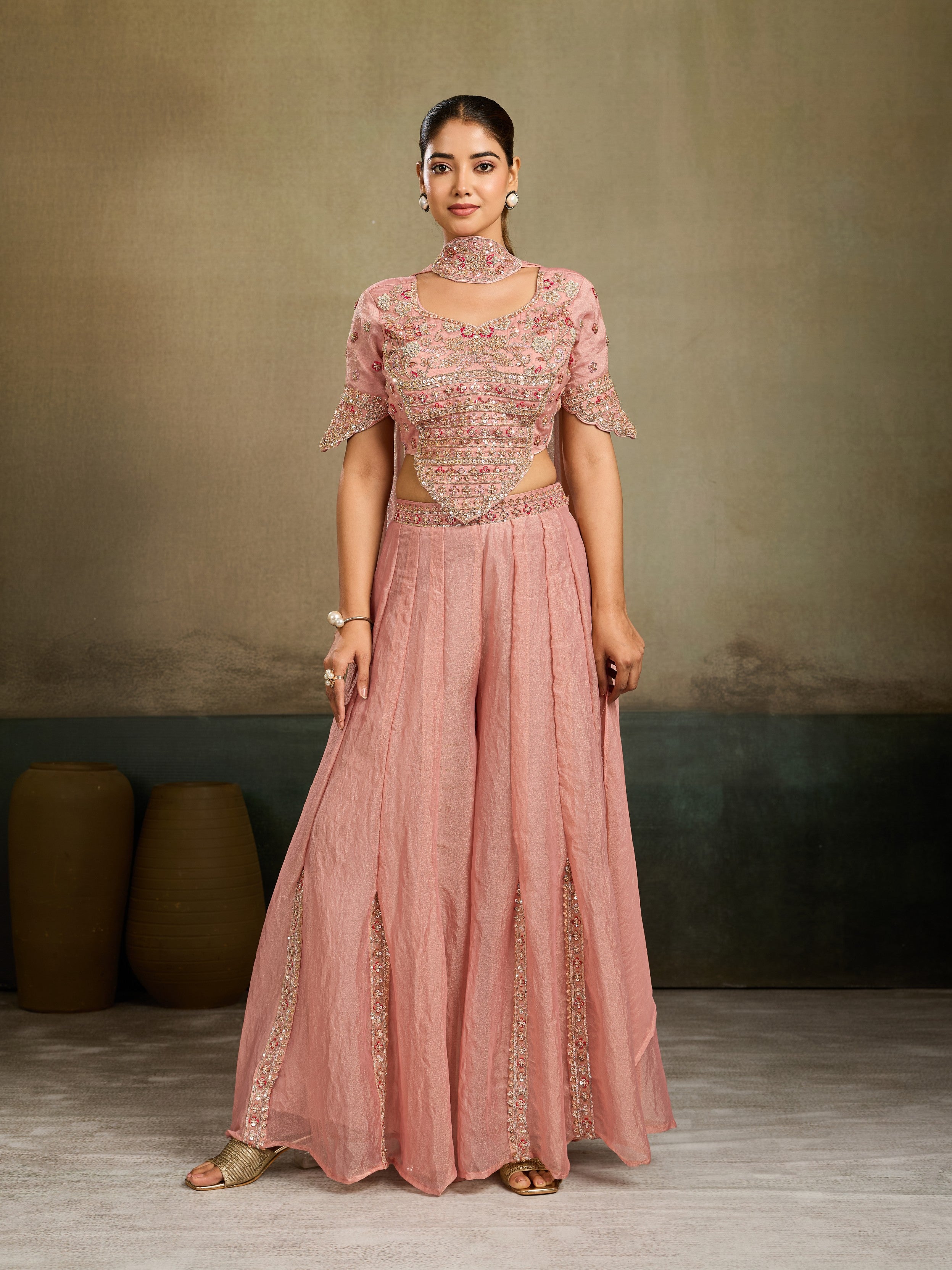 Blush Pink Embellished  Shimmer Tissue Silk Palazzo Set