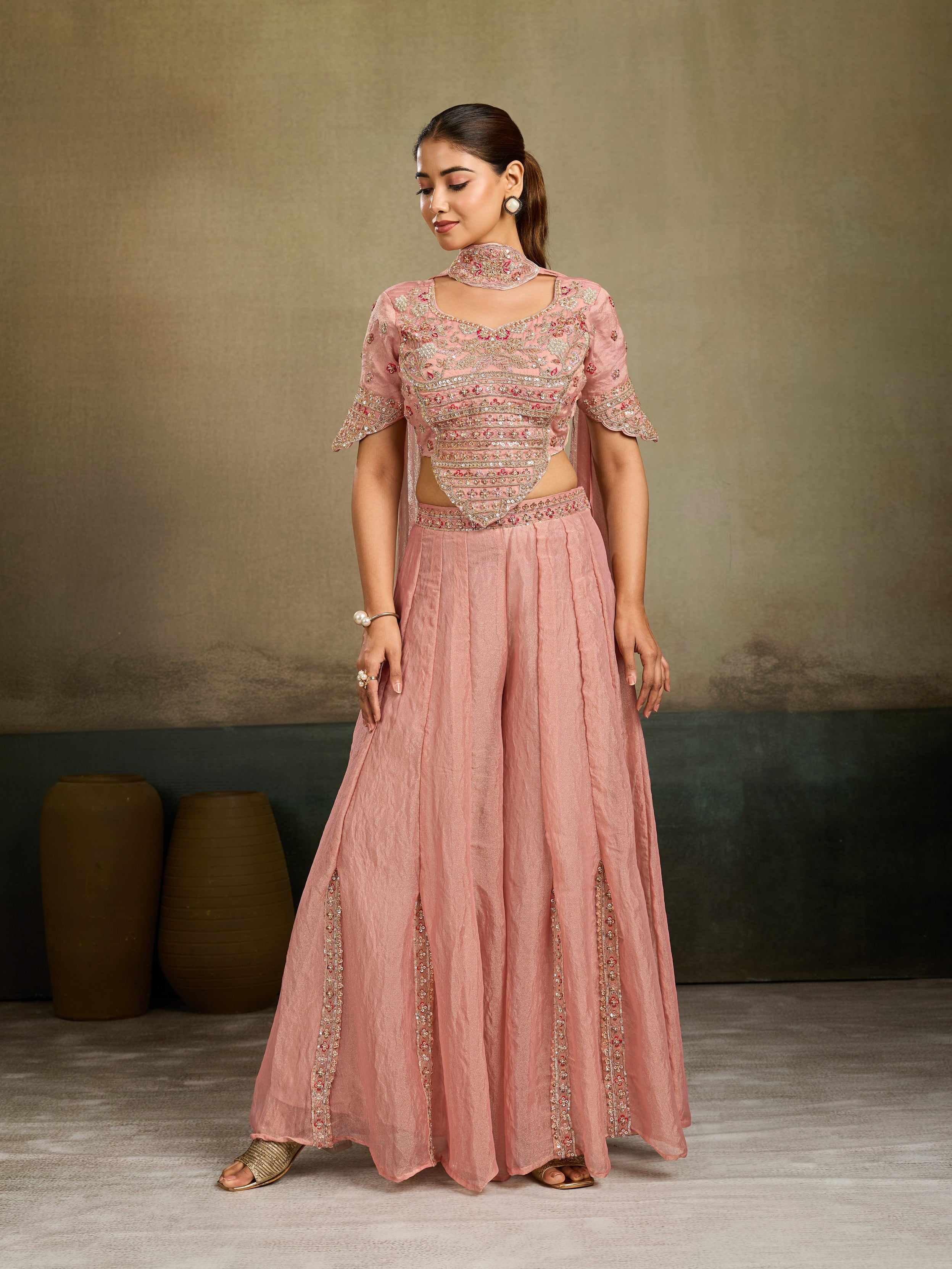 Blush Pink Embellished  Shimmer Tissue Silk Palazzo Set