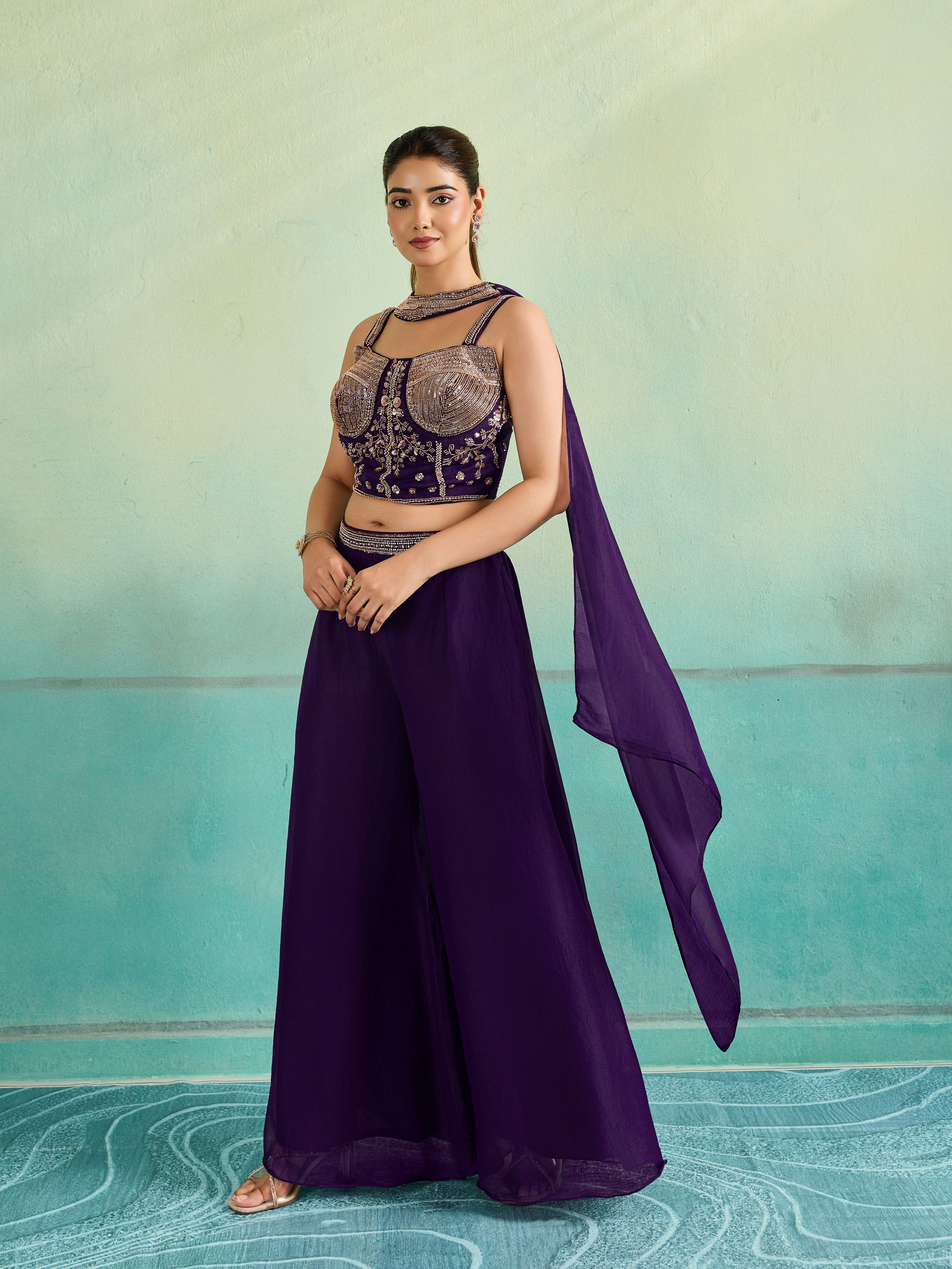 Deep Purple Embellished Chinon Silk Palazzo Set