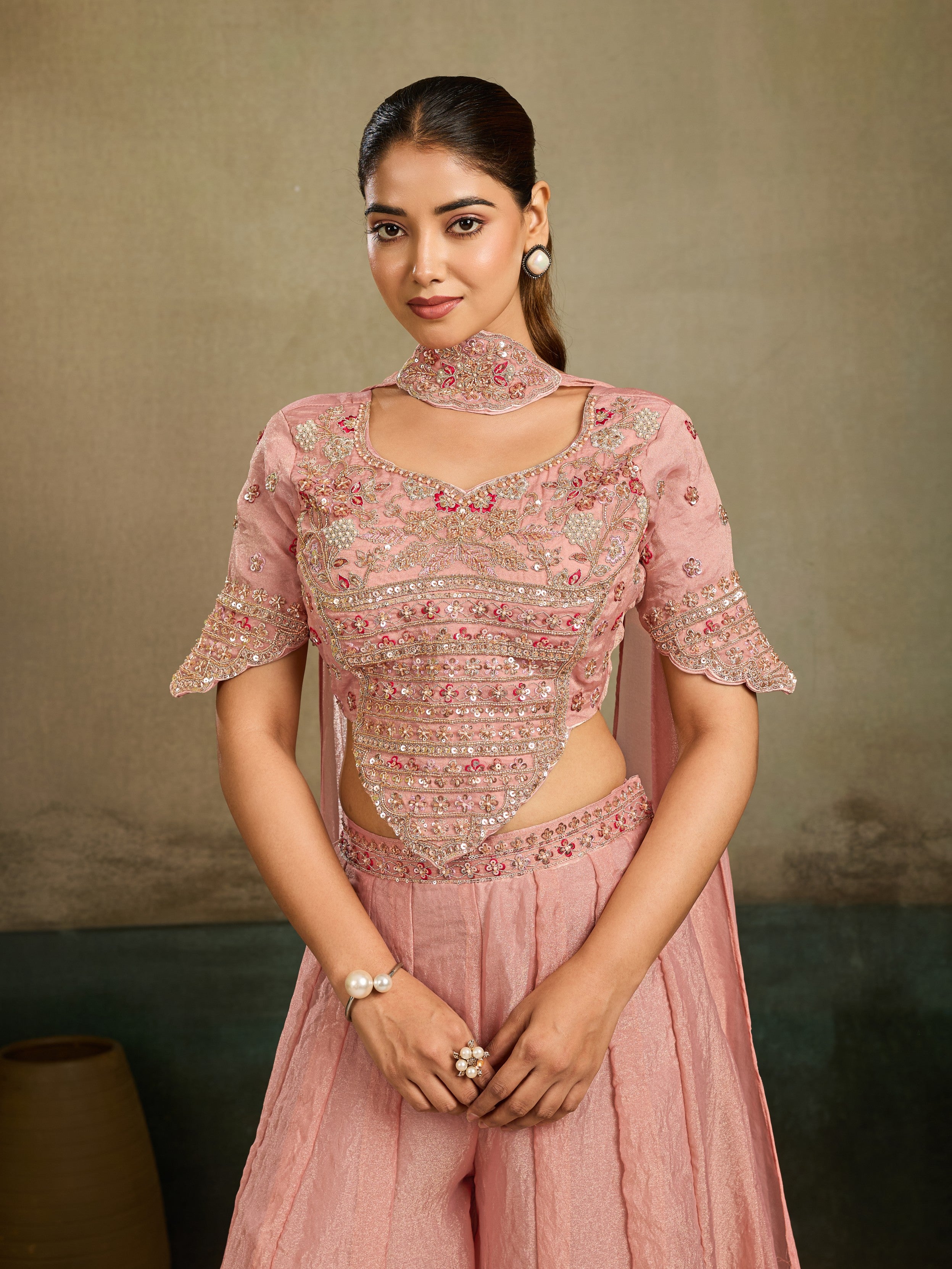 Blush Pink Embellished  Shimmer Tissue Silk Palazzo Set