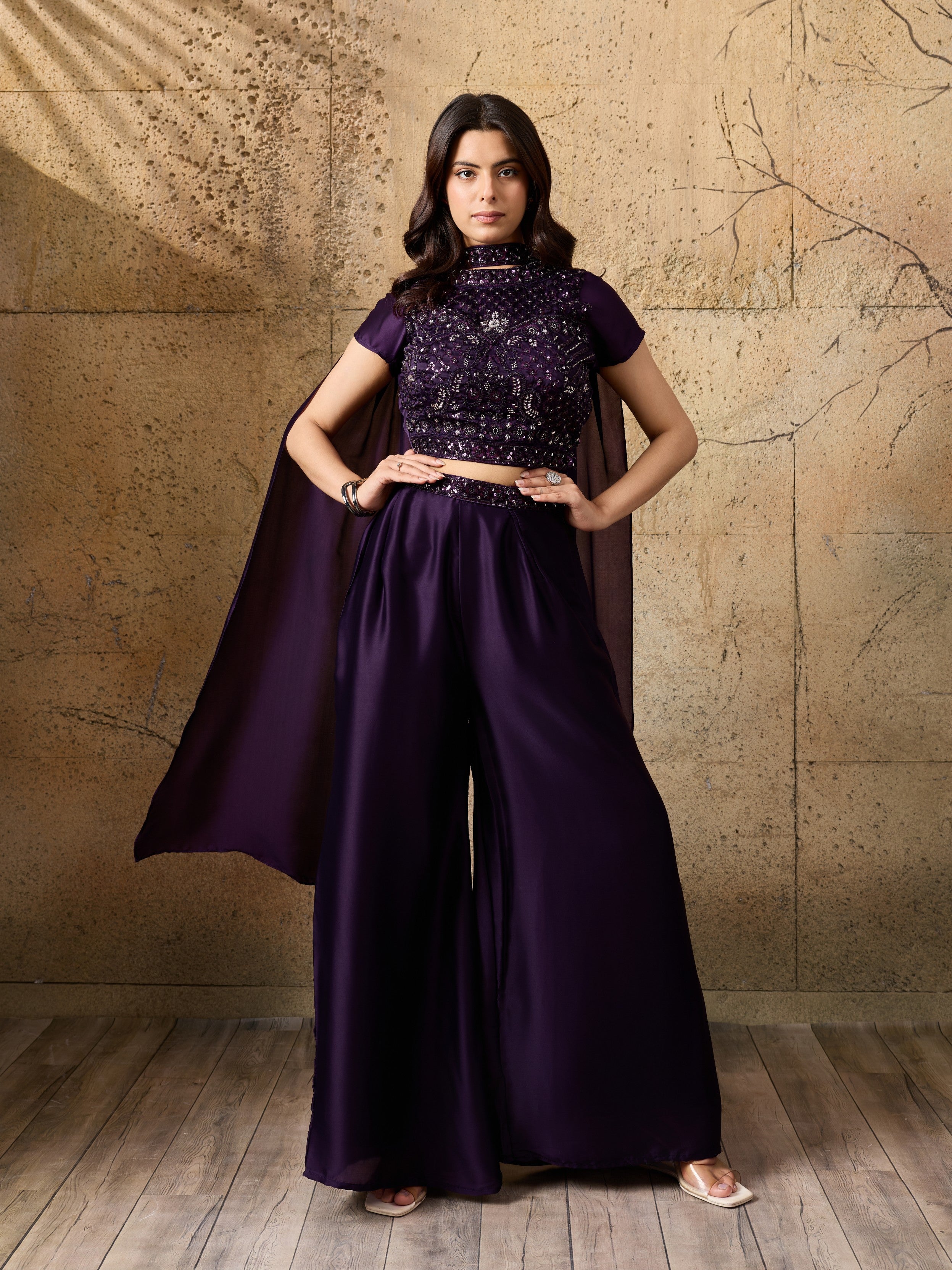 Deep Purple Embellished Satin Silk Palazzo Set
