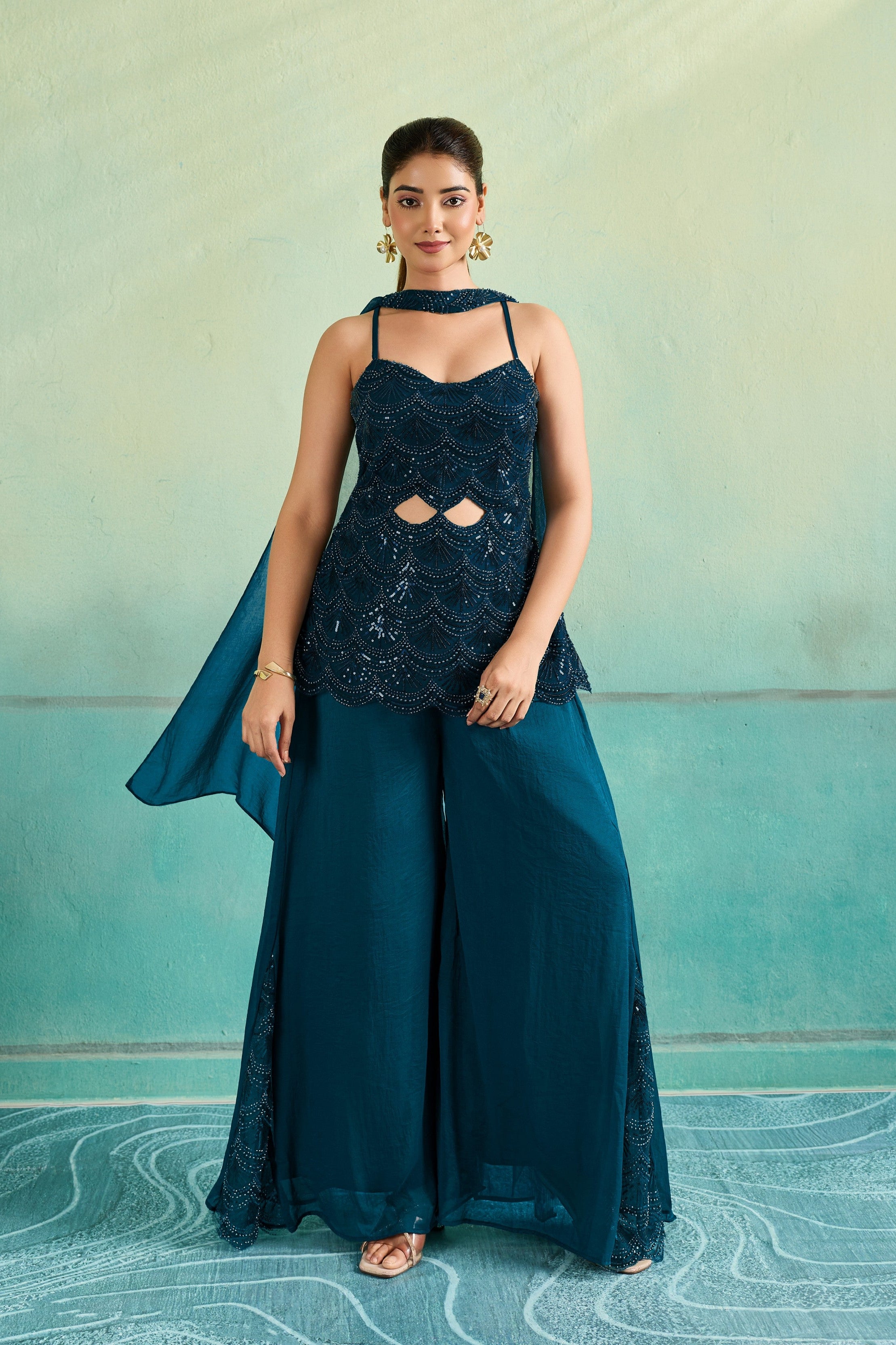 Teal Blue Embellished Chinon Silk Palazzo Set