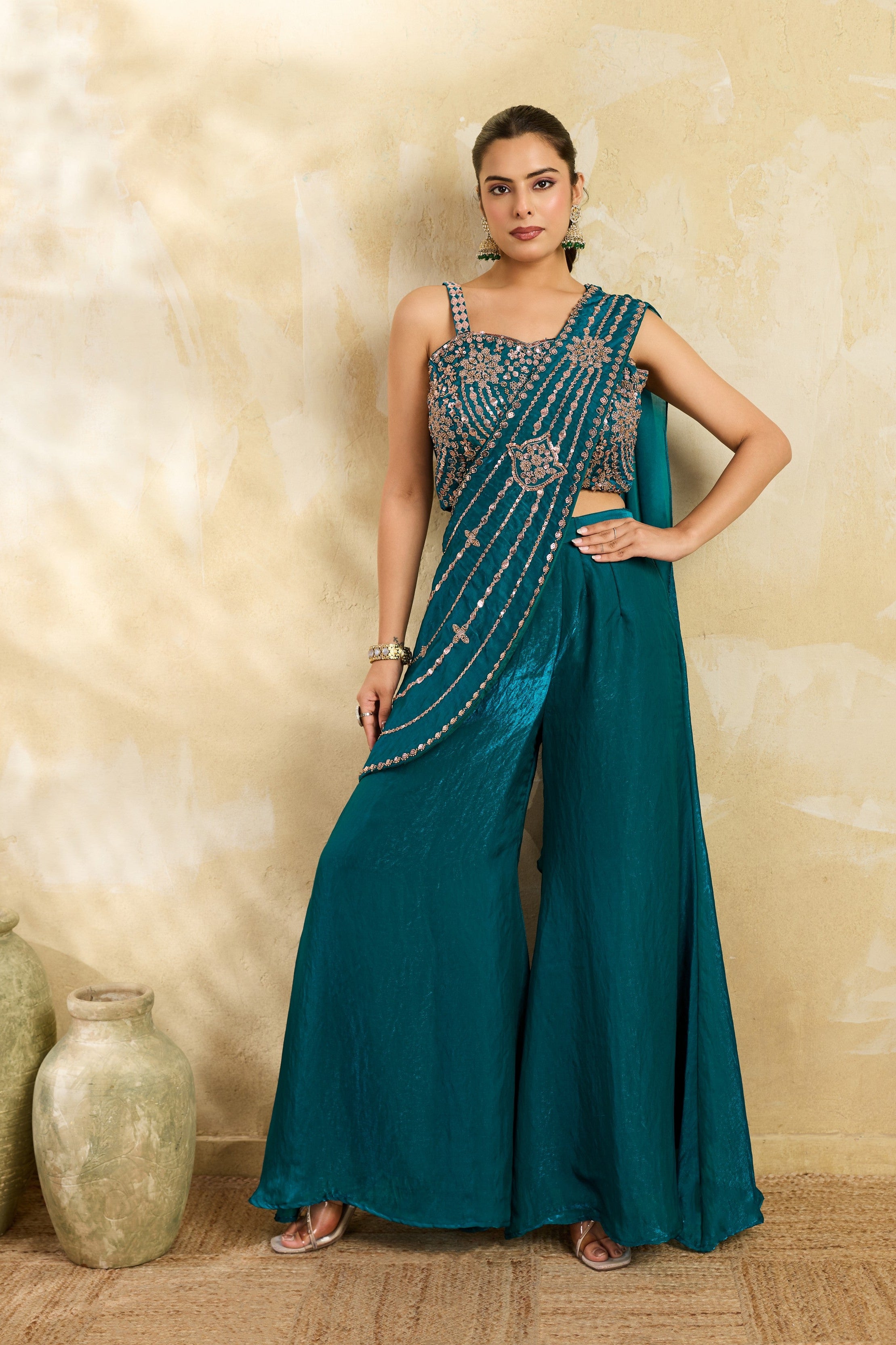 Teal Blue Embellished Organza Silk Draped Palazzo Set