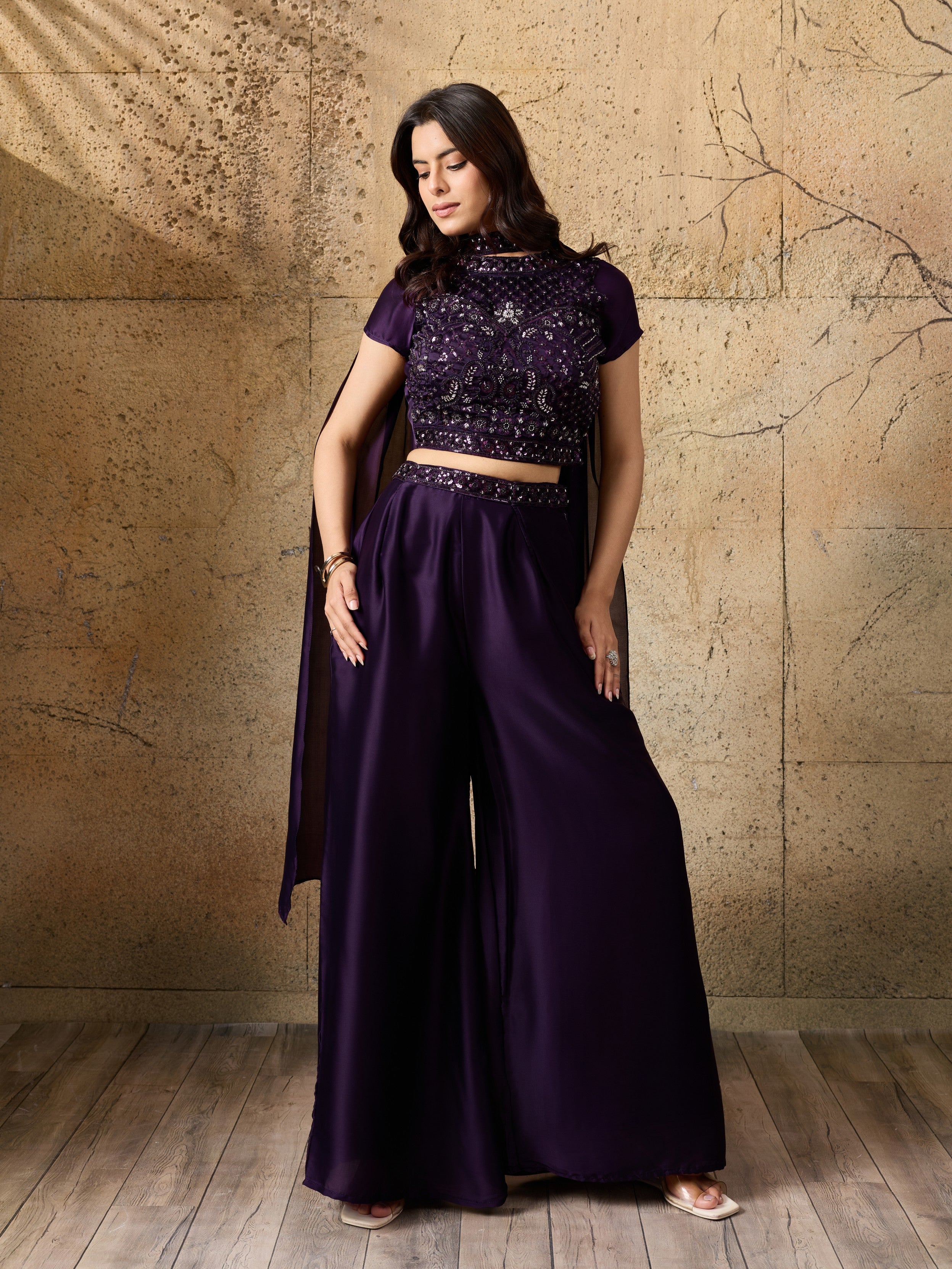 Deep Purple Embellished Satin Silk Palazzo Set