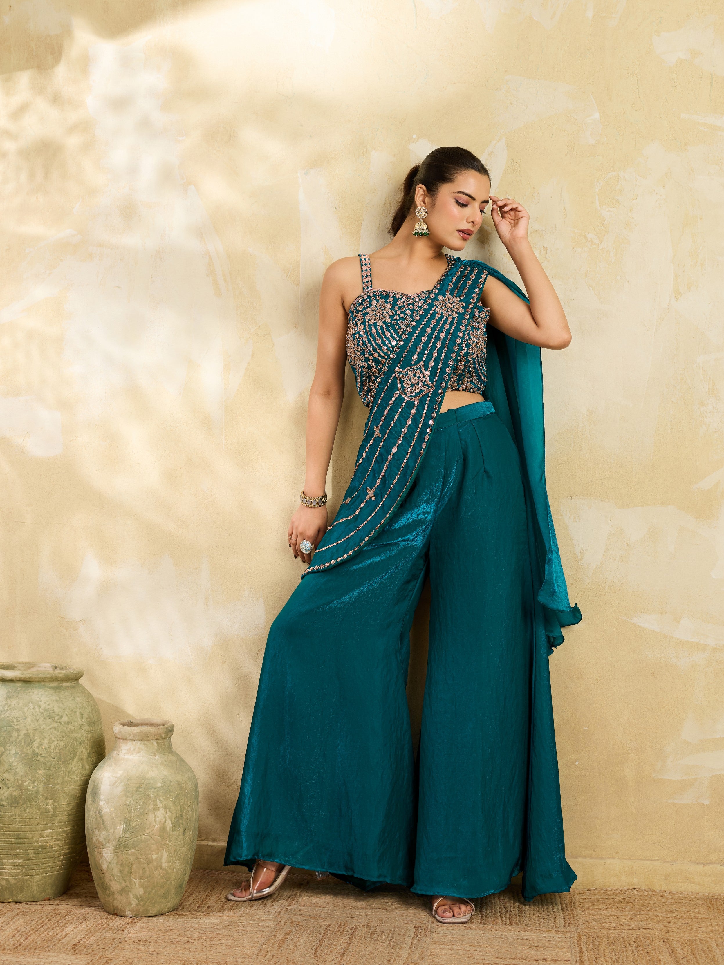 Teal Blue Embellished Organza Silk Draped Palazzo Set