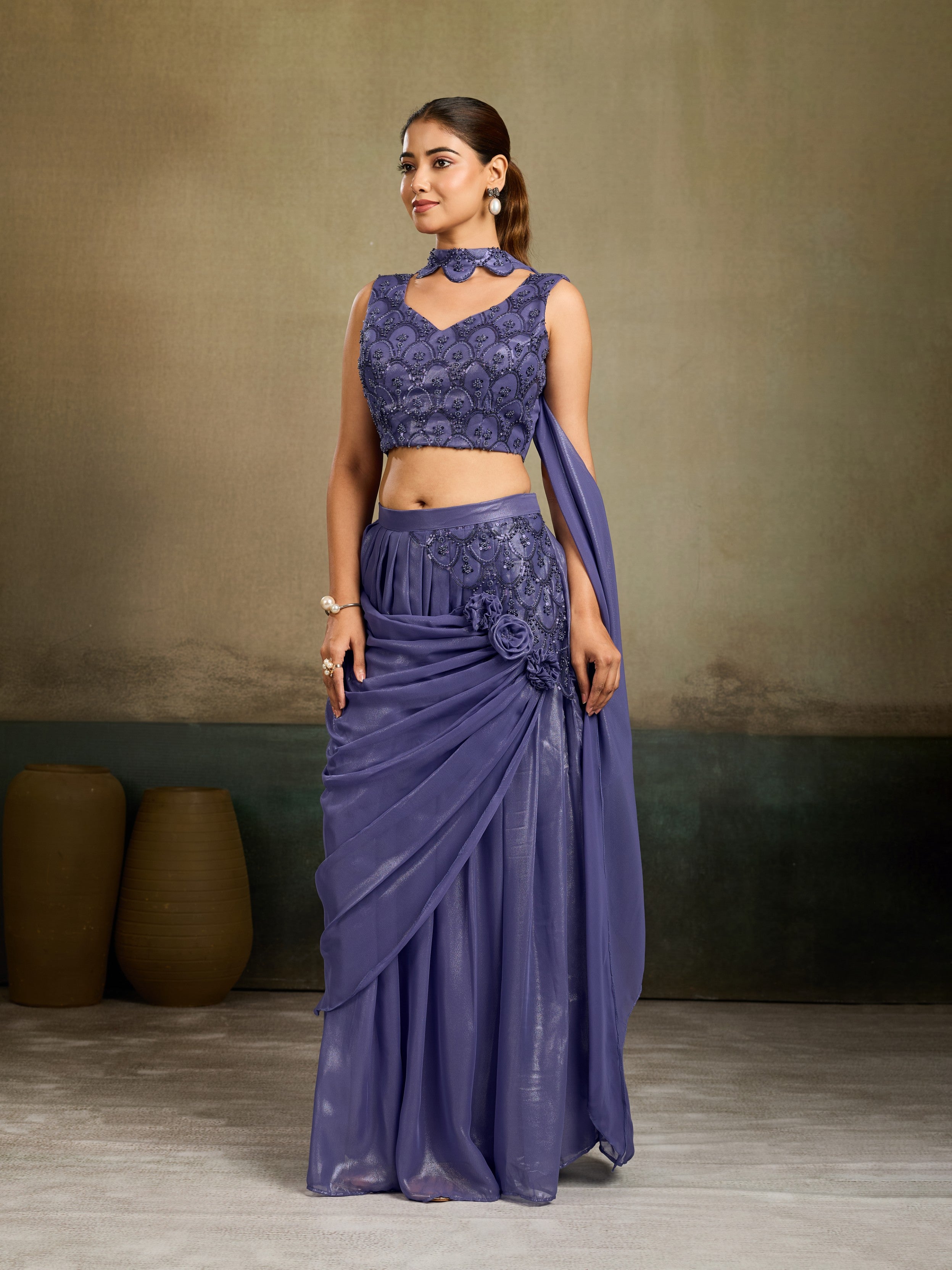 Dusty Periwinkle Embellished Shimmer Silk Skirt Set