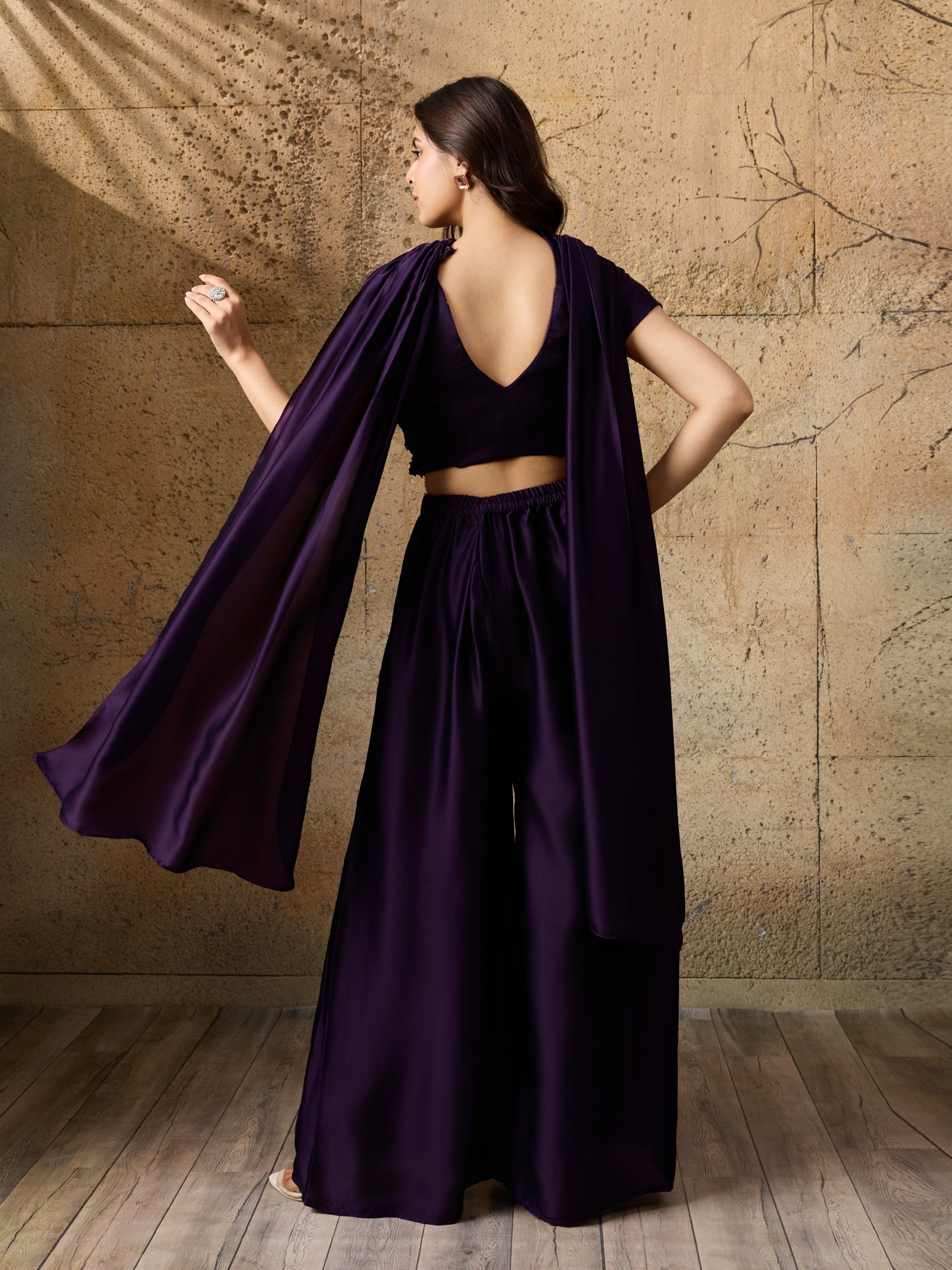 Deep Purple Embellished Satin Silk Palazzo Set