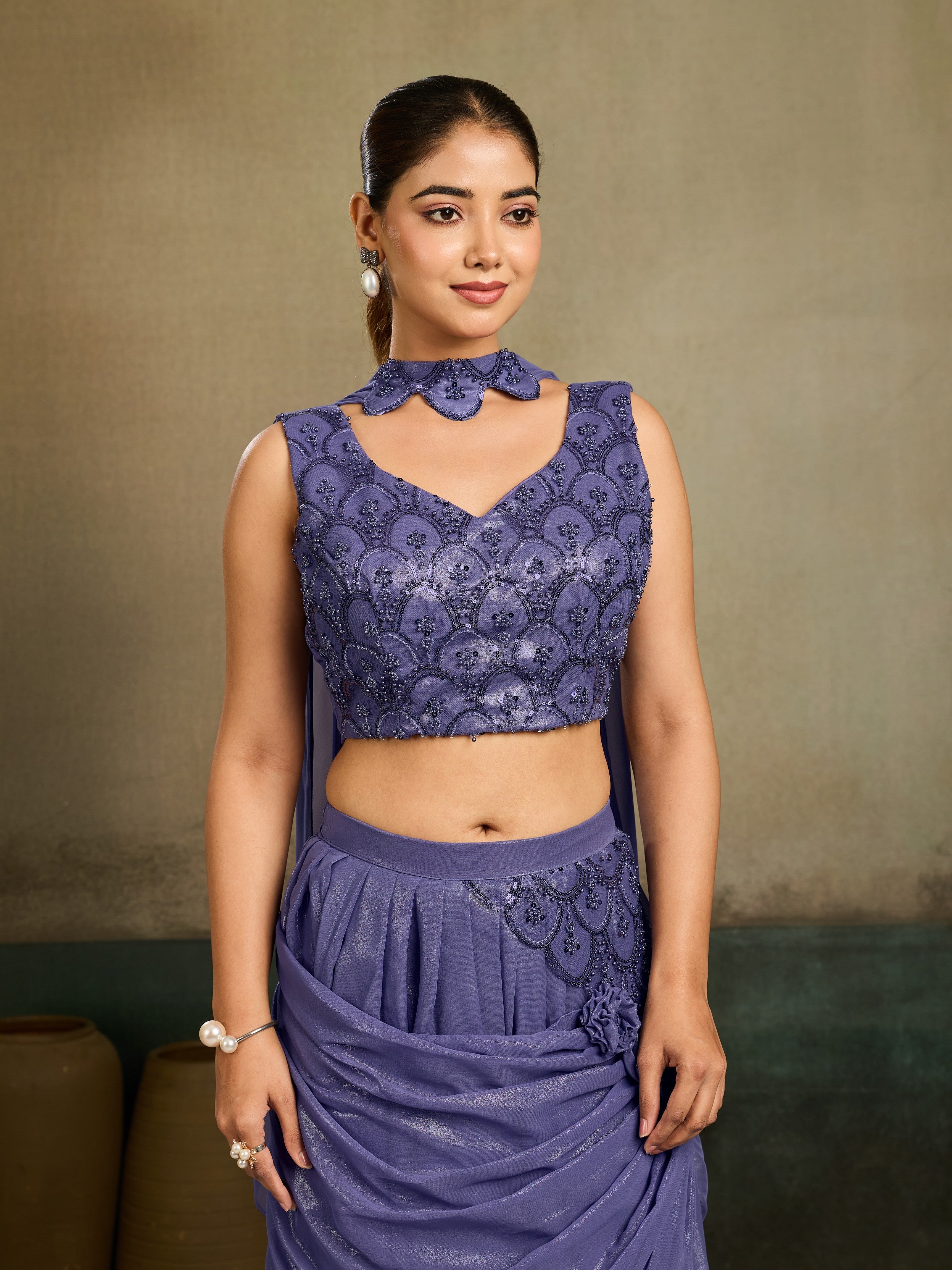 Dusty Periwinkle Embellished Shimmer Silk Skirt Set