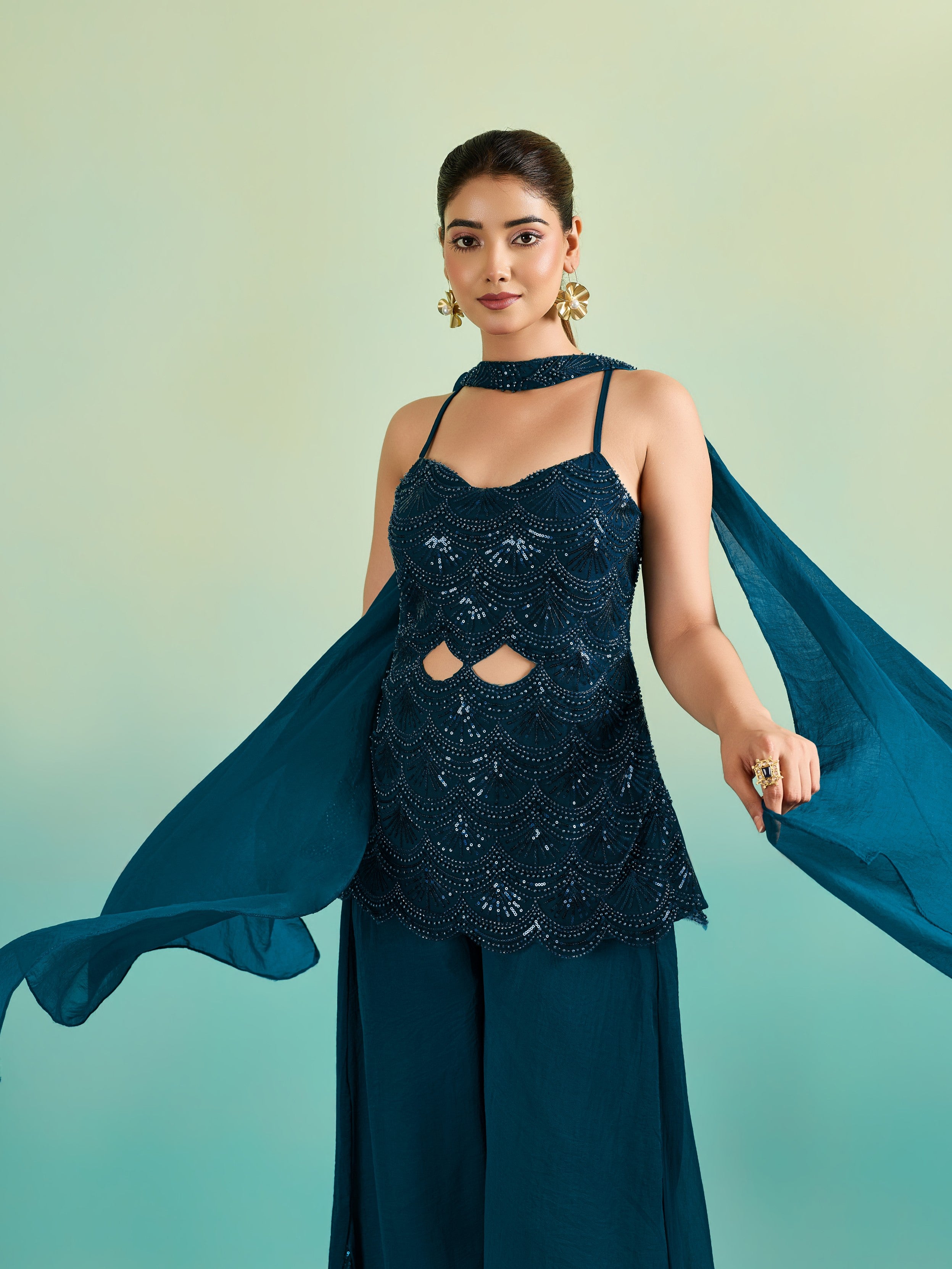 Teal Blue Embellished Chinon Silk Palazzo Set