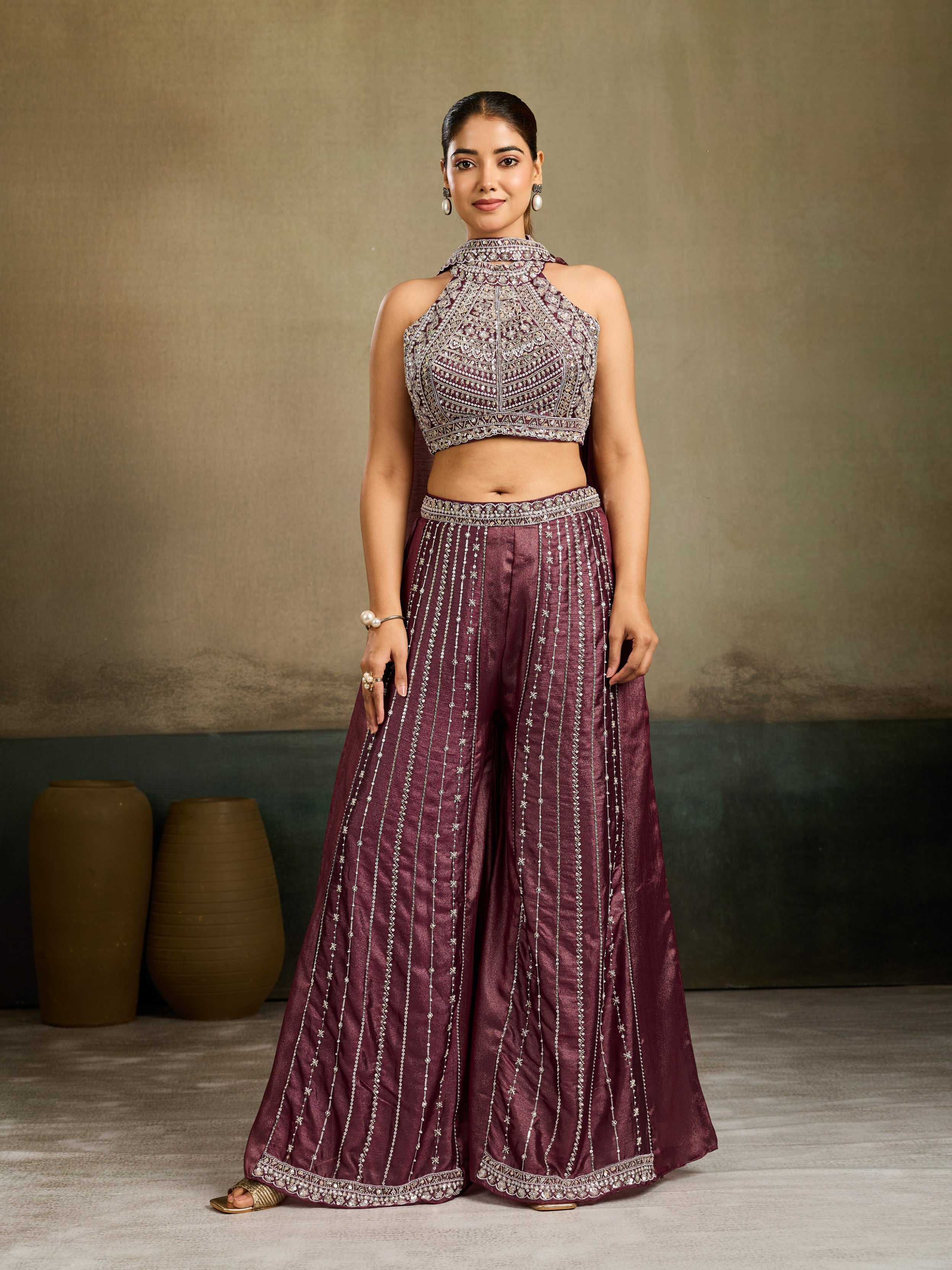 Deep Mauve Embellished Shimmer Silk Palazzo Set