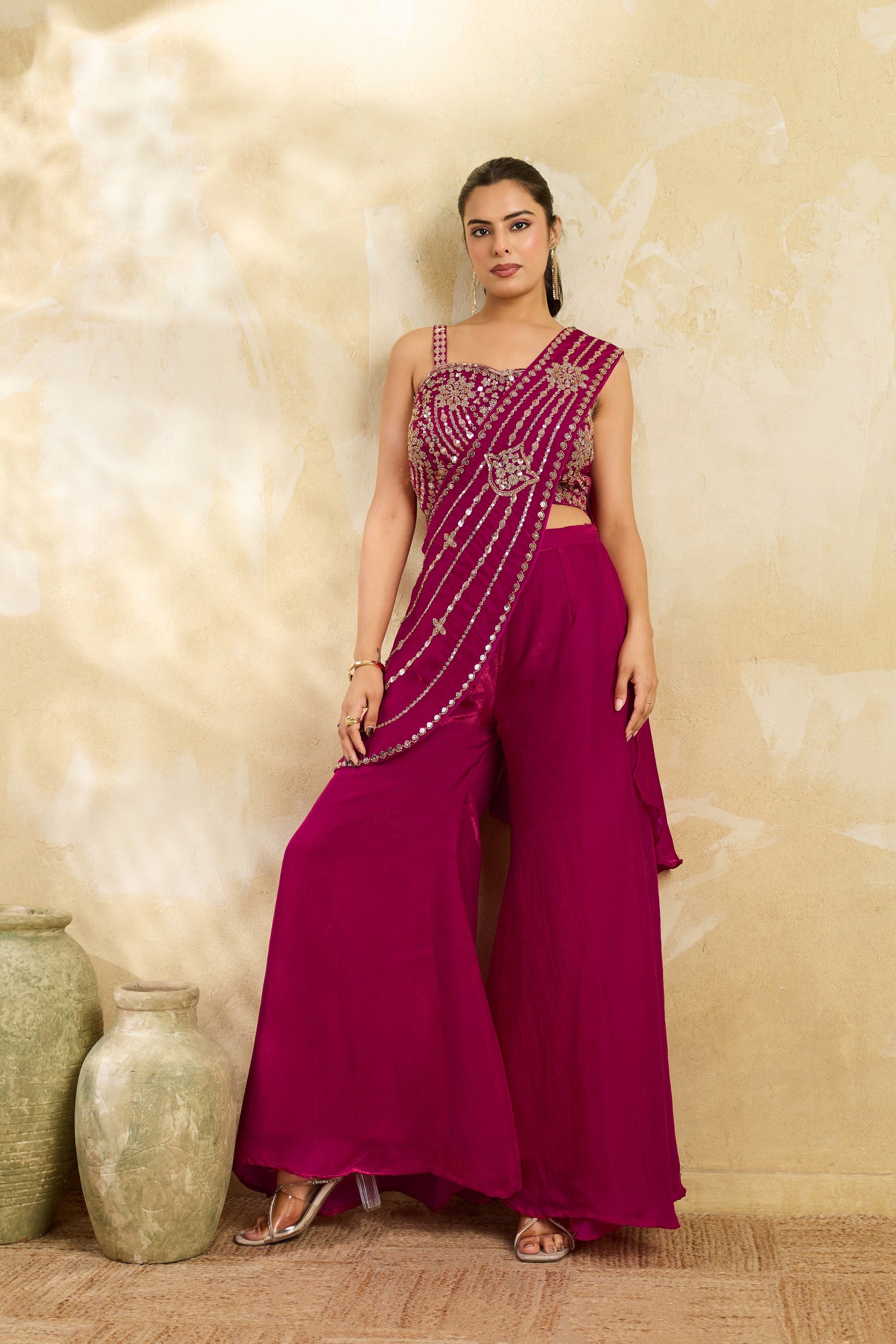 Magenta Pink Embellished Organza Silk Draped Palazzo Set