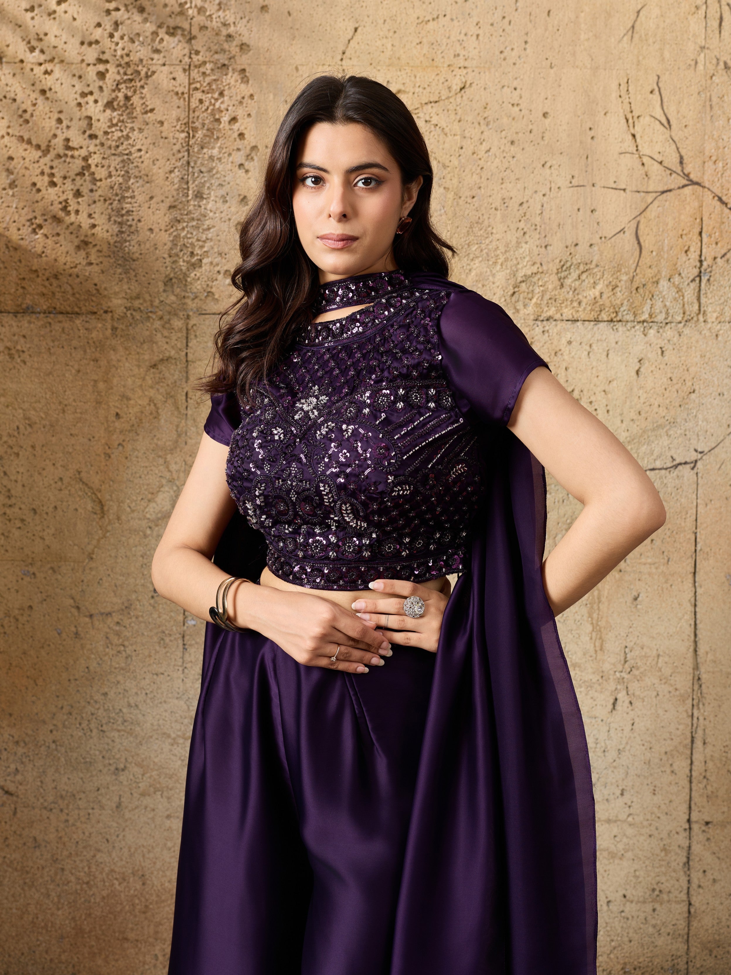 Deep Purple Embellished Satin Silk Palazzo Set