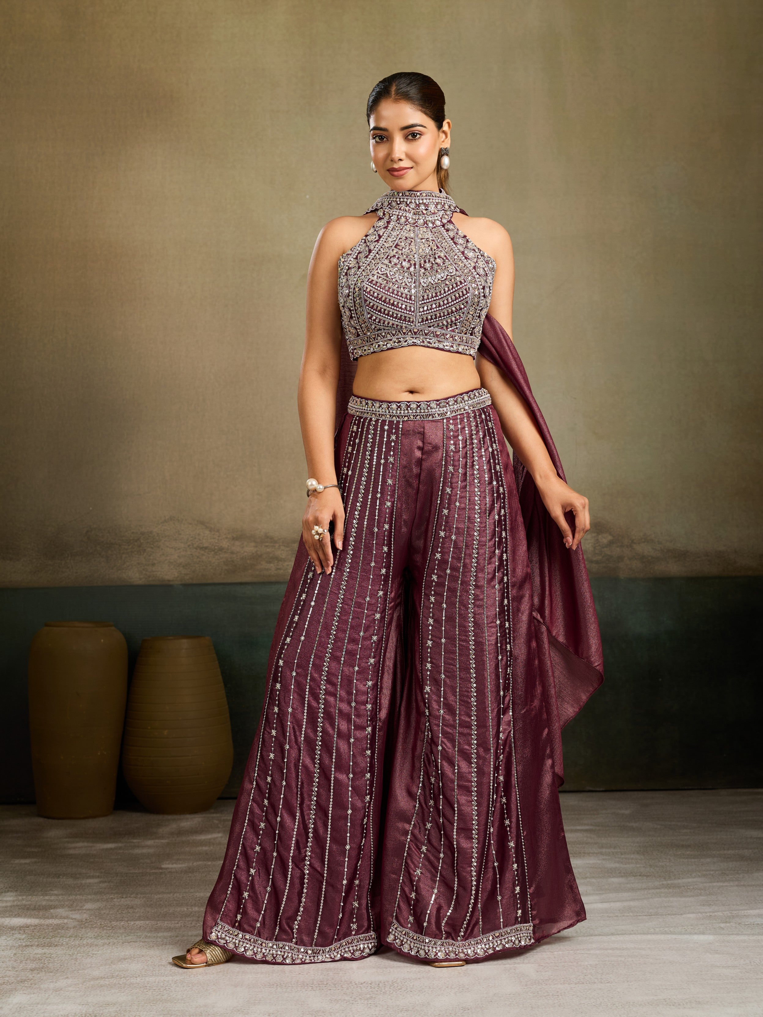 Deep Mauve Embellished Shimmer Silk Palazzo Set