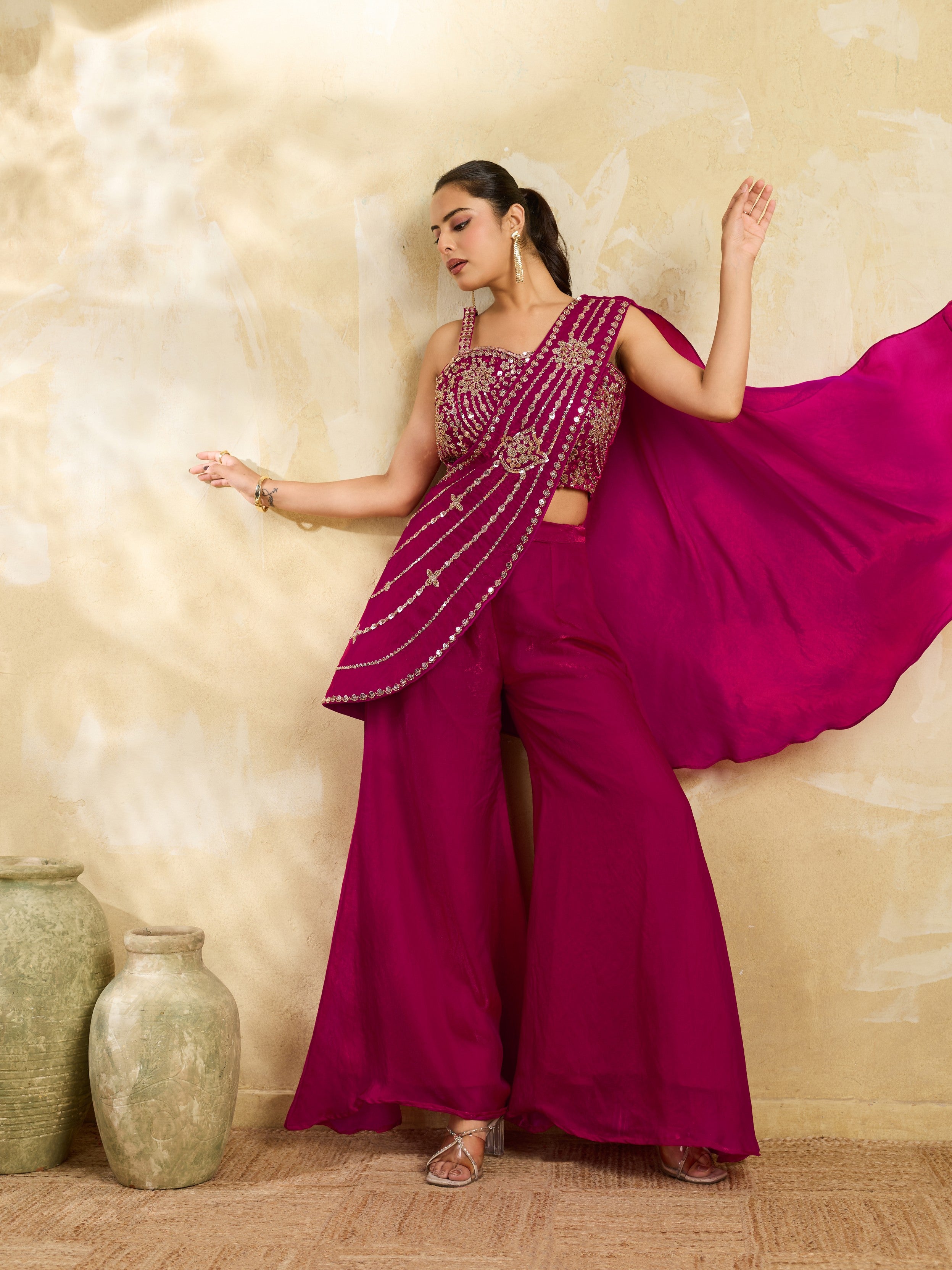 Magenta Pink Embellished Organza Silk Draped Palazzo Set