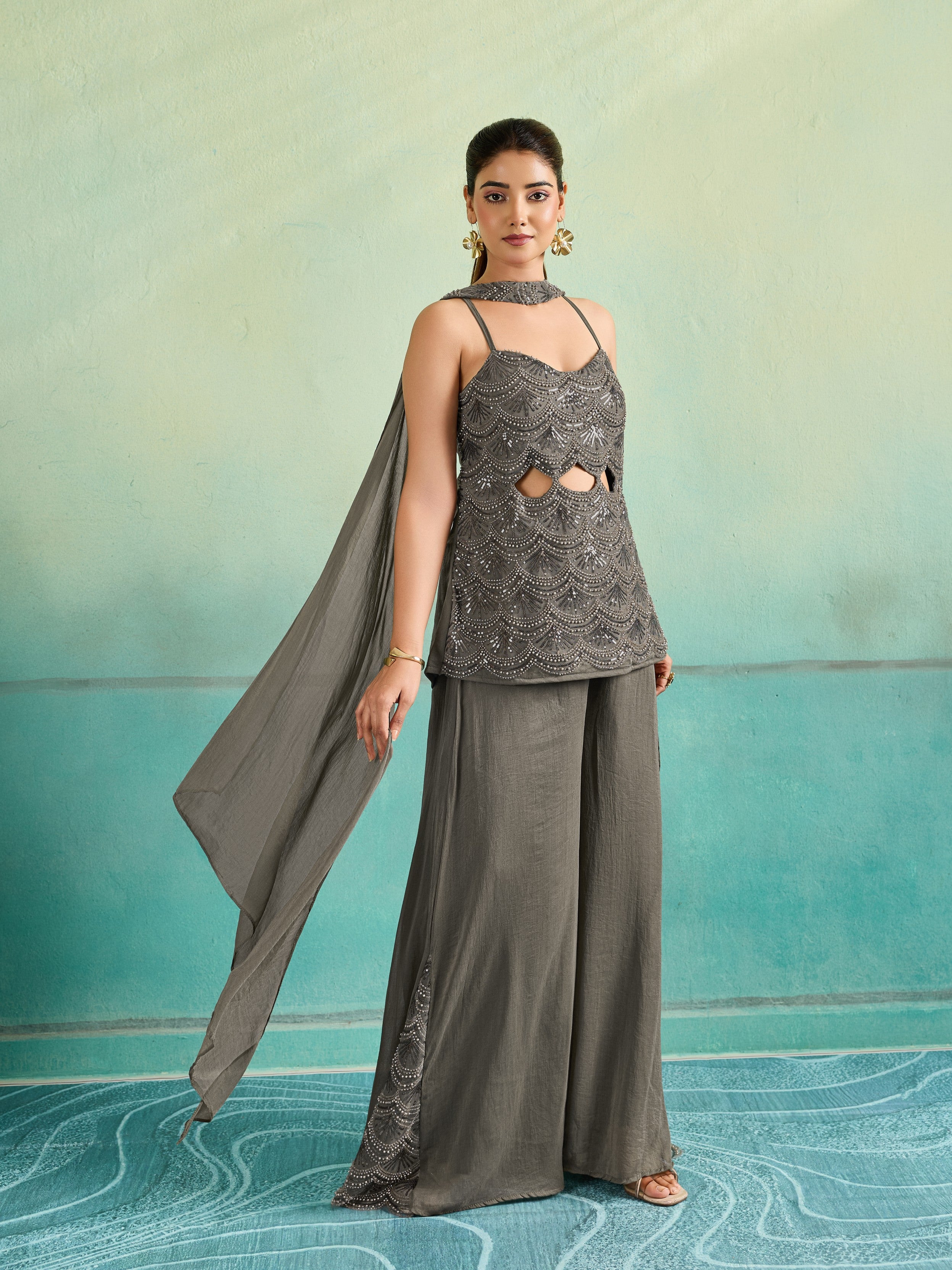 Grey Embellished Chinon Silk Palazzo Set