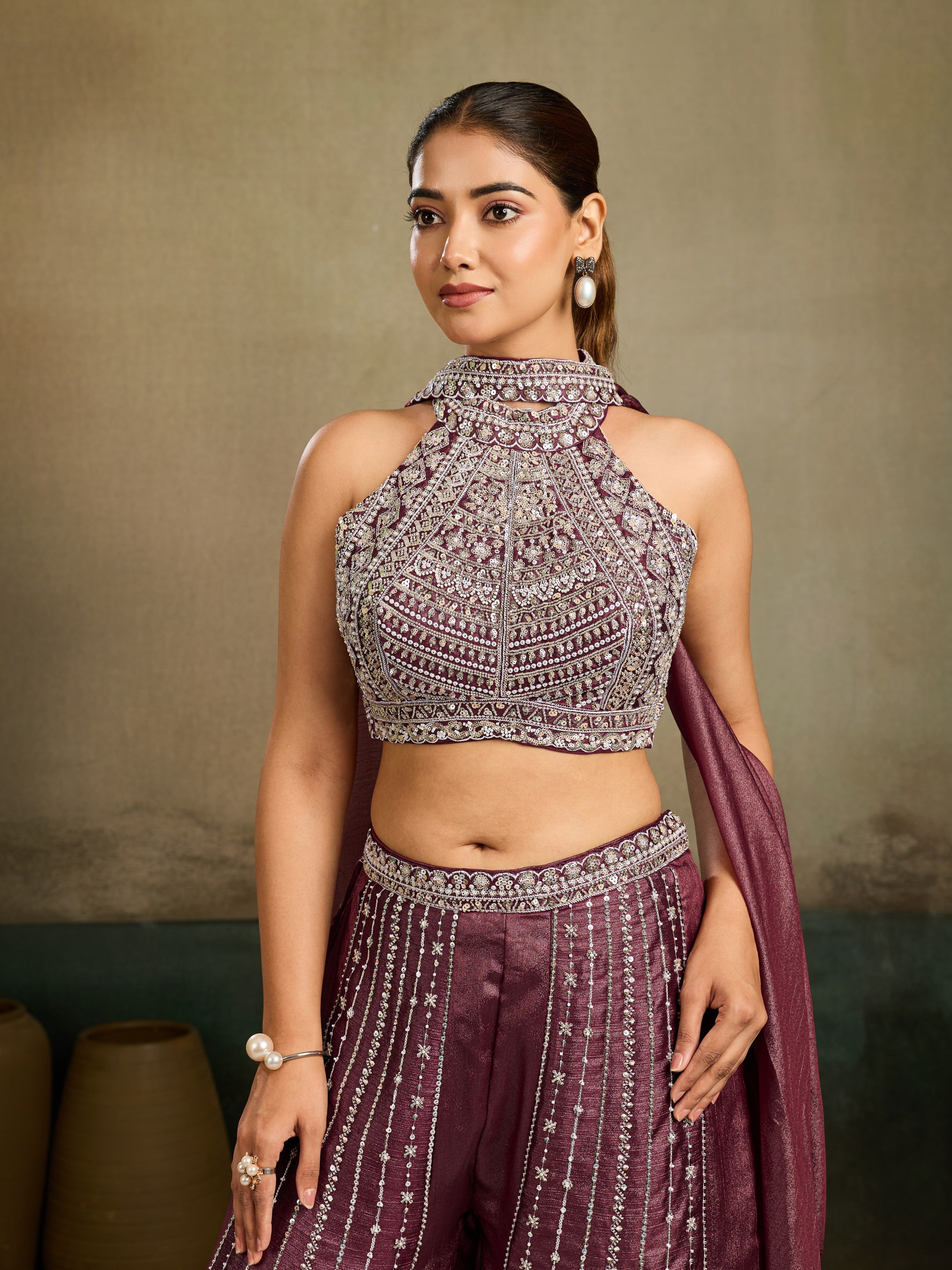 Deep Mauve Embellished Shimmer Silk Palazzo Set