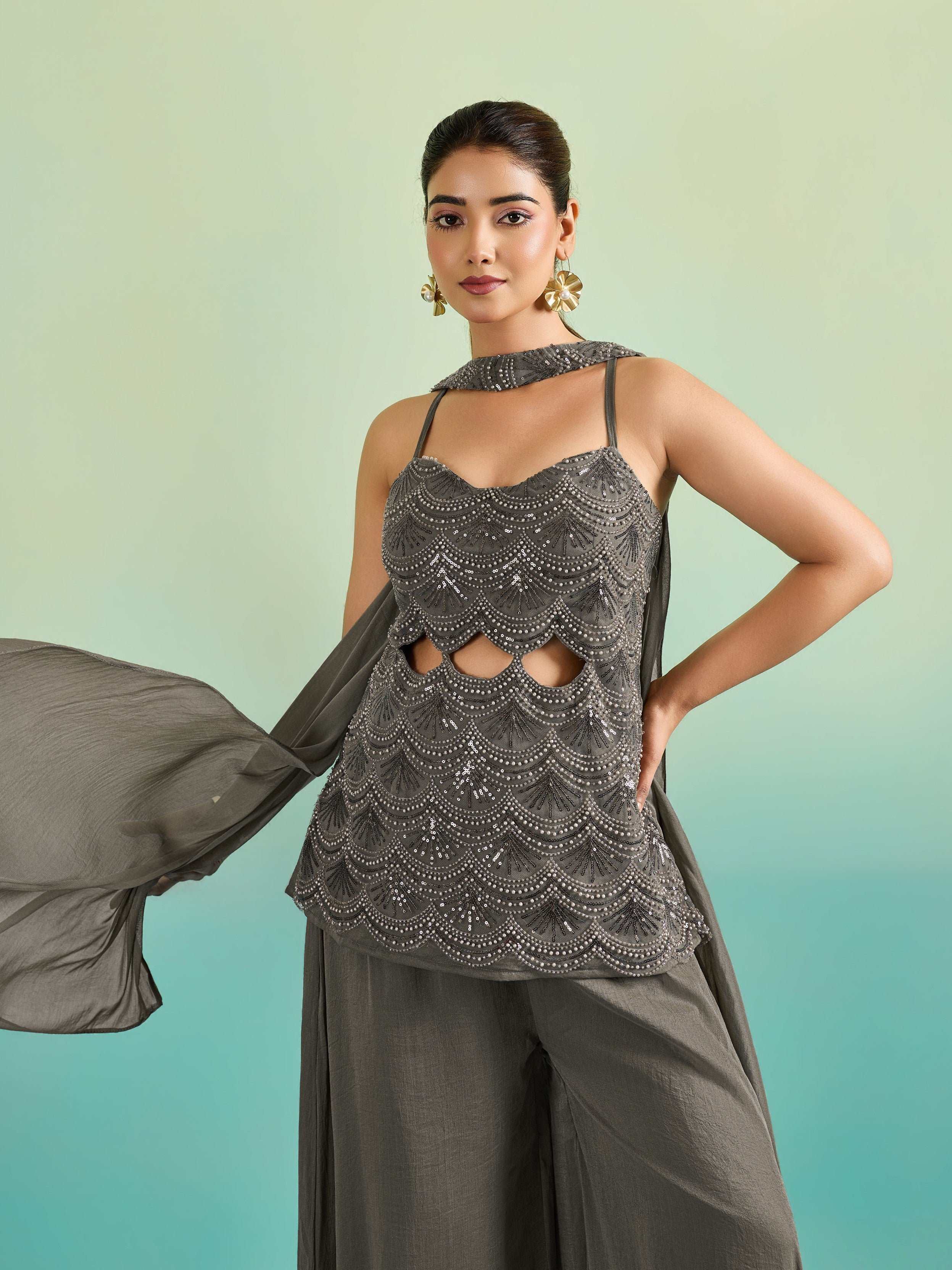 Grey Embellished Chinon Silk Palazzo Set