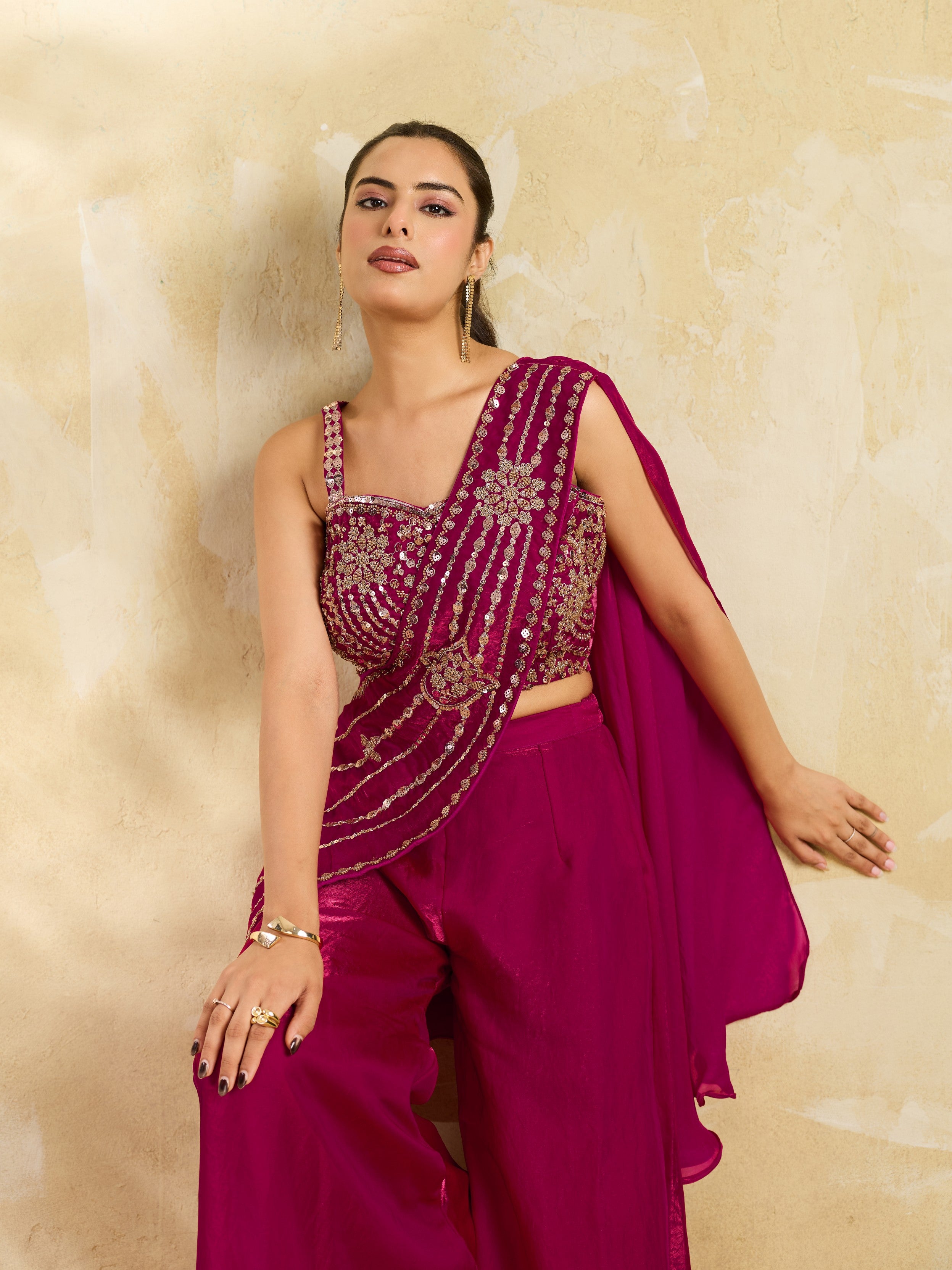 Magenta Pink Embellished Organza Silk Draped Palazzo Set