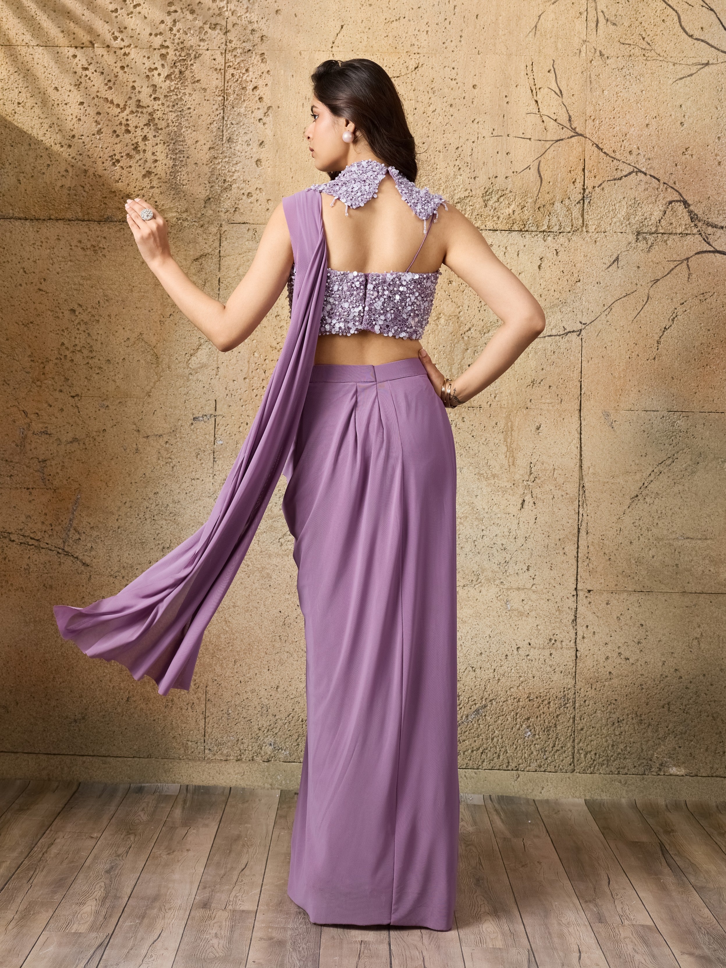 Soft Lilac Embellished Pre-Draped Net Saree