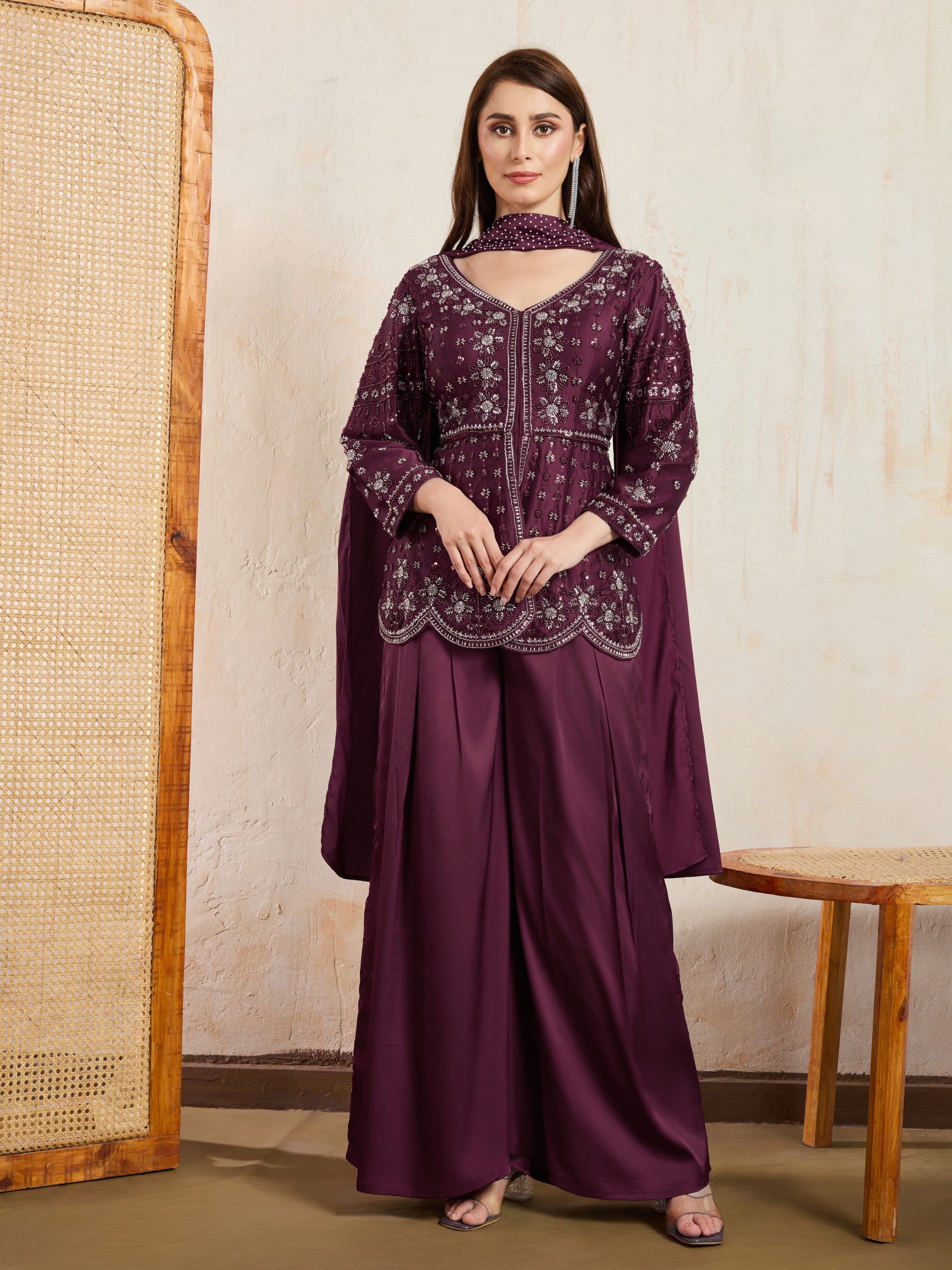 Plum Embellished Satin Silk Palazzo Set