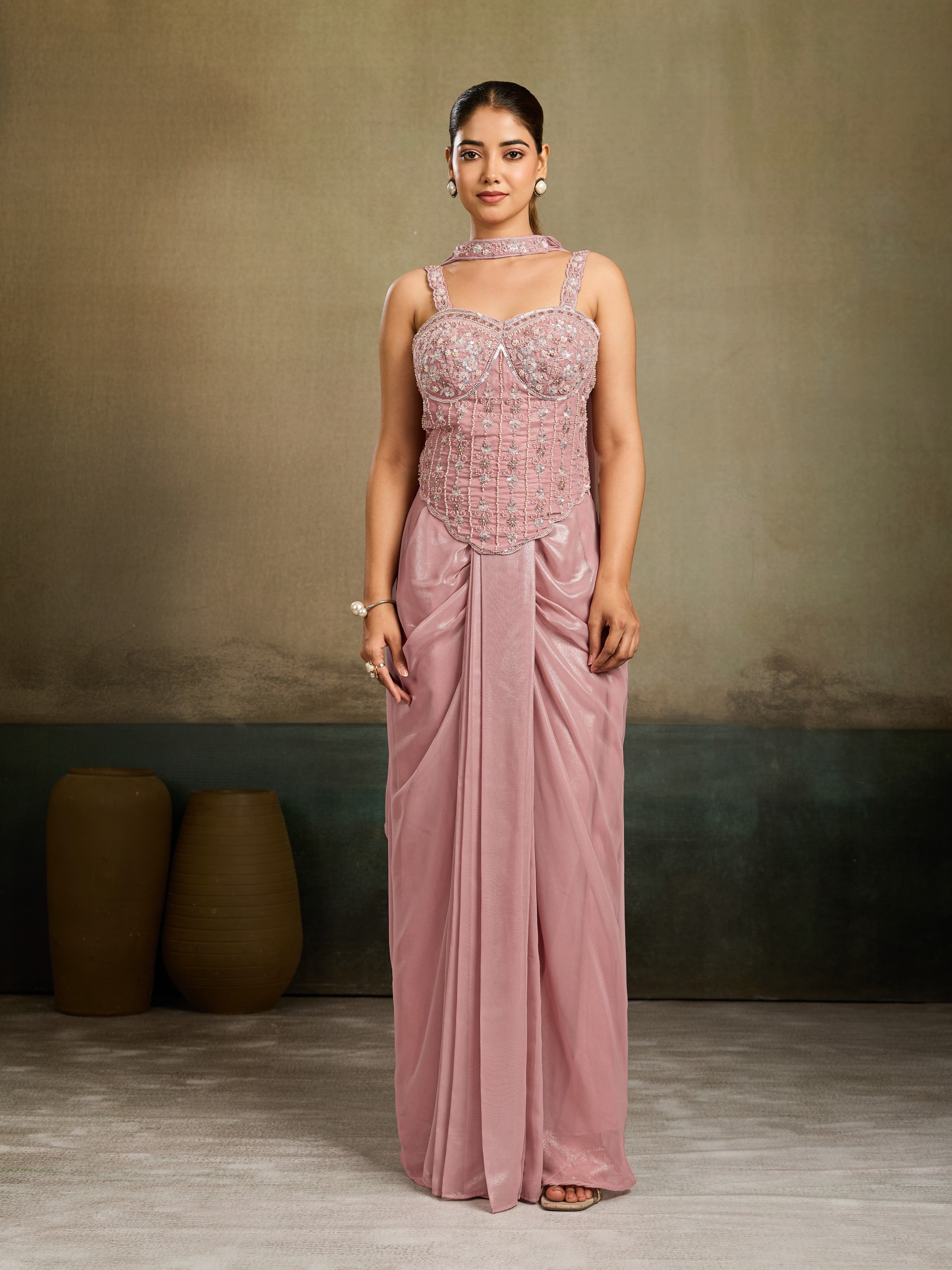 Rose Pink Embellished Metallic Shimmer Silk Skirt Set