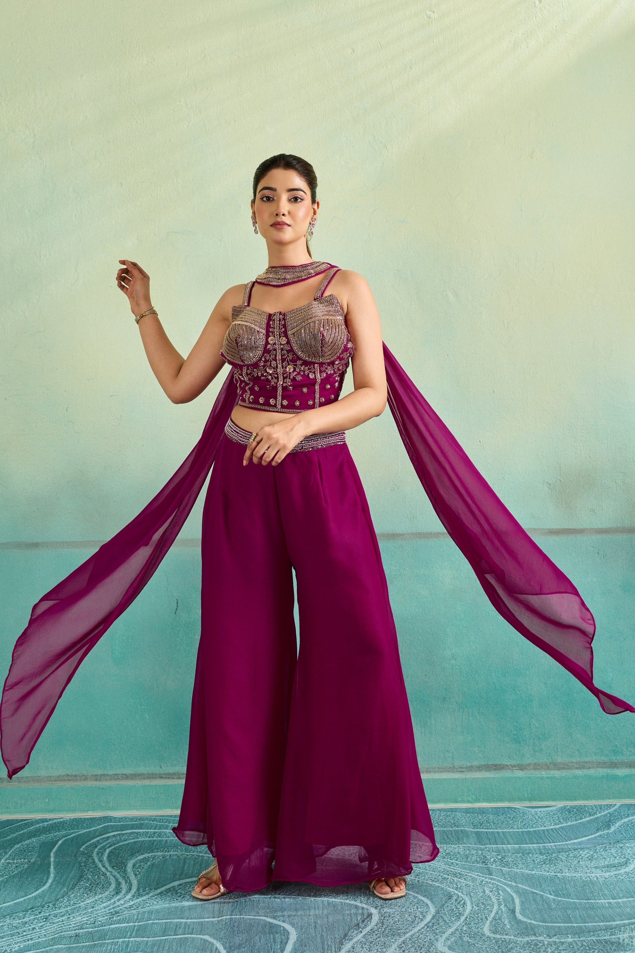Magenta Pink Embellished Chinon Silk Palazzo Set