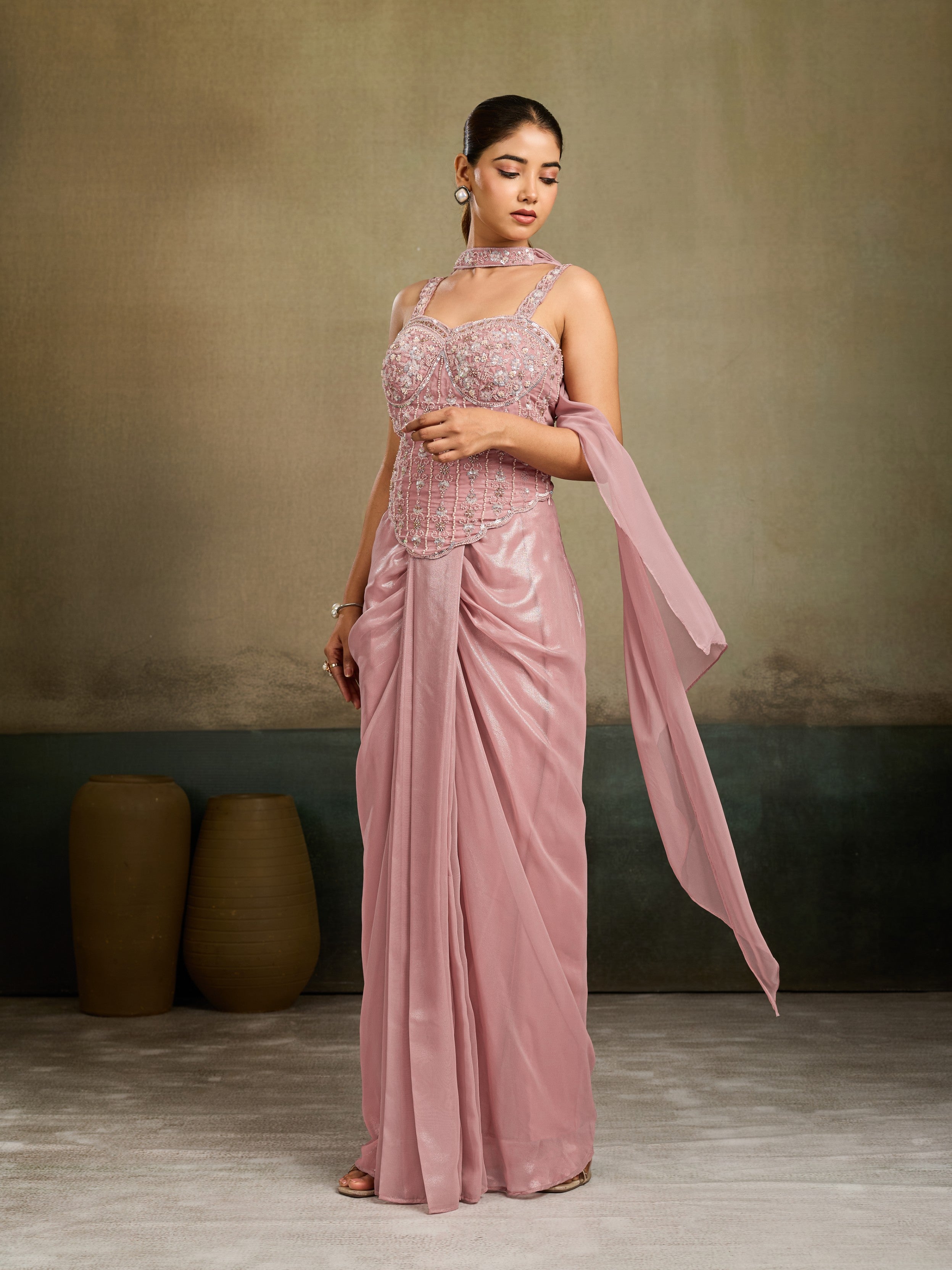Rose Pink Embellished Metallic Shimmer Silk Skirt Set