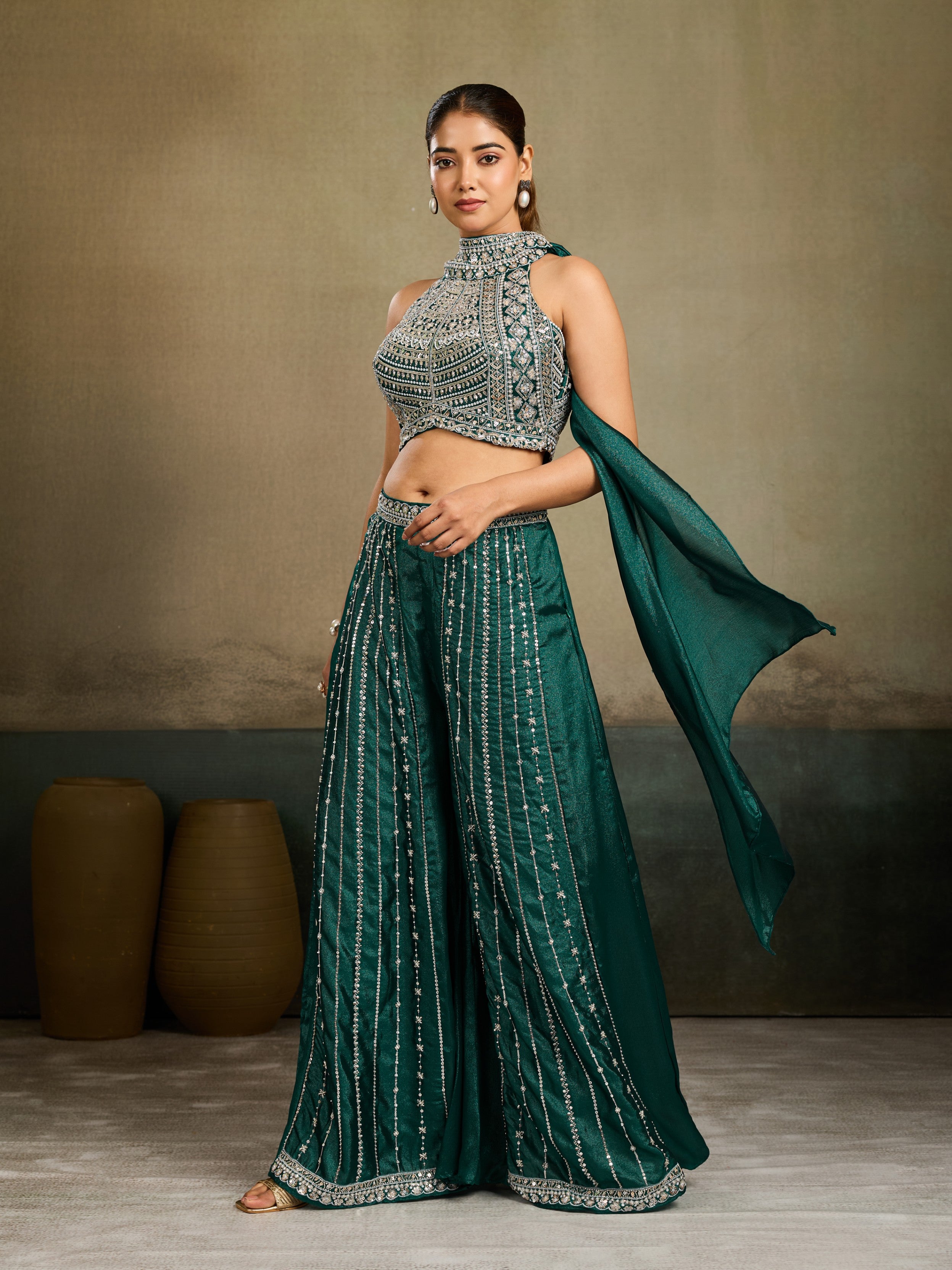 Emerald Green Embellished Shimmer Silk Palazzo Set