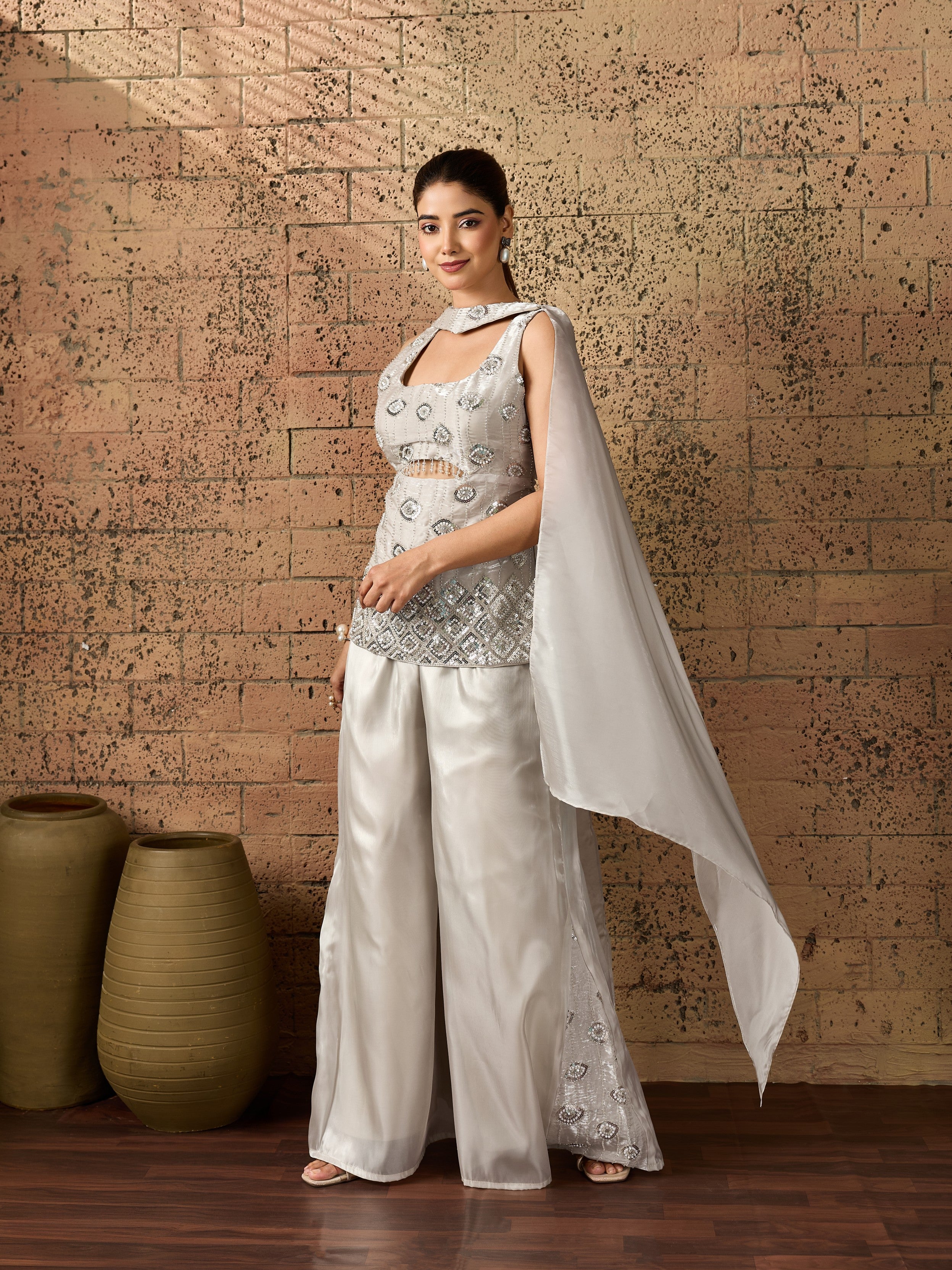 Silver Grey Embellished Organza Silk Palazzo Set