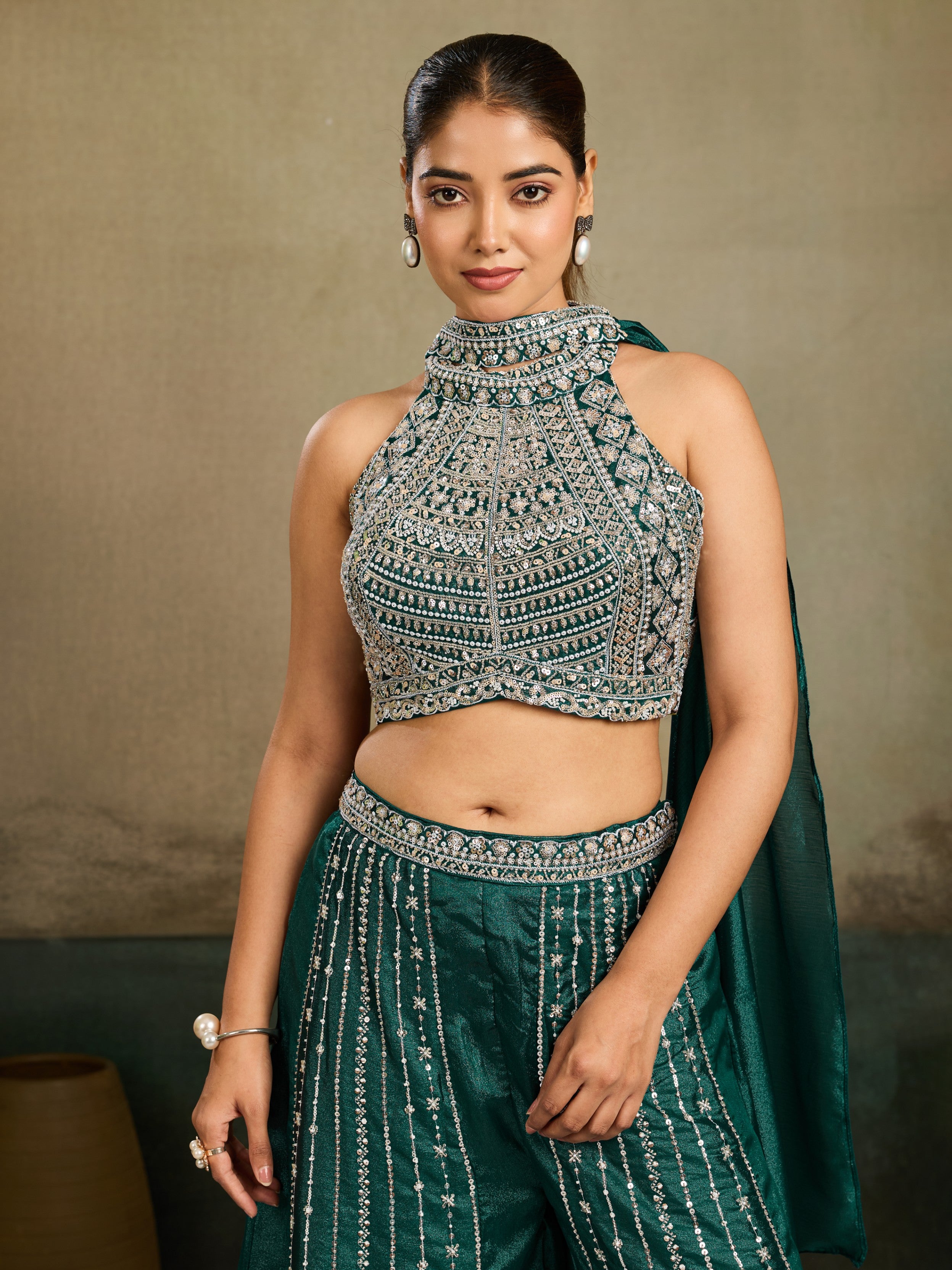 Emerald Green Embellished Shimmer Silk Palazzo Set