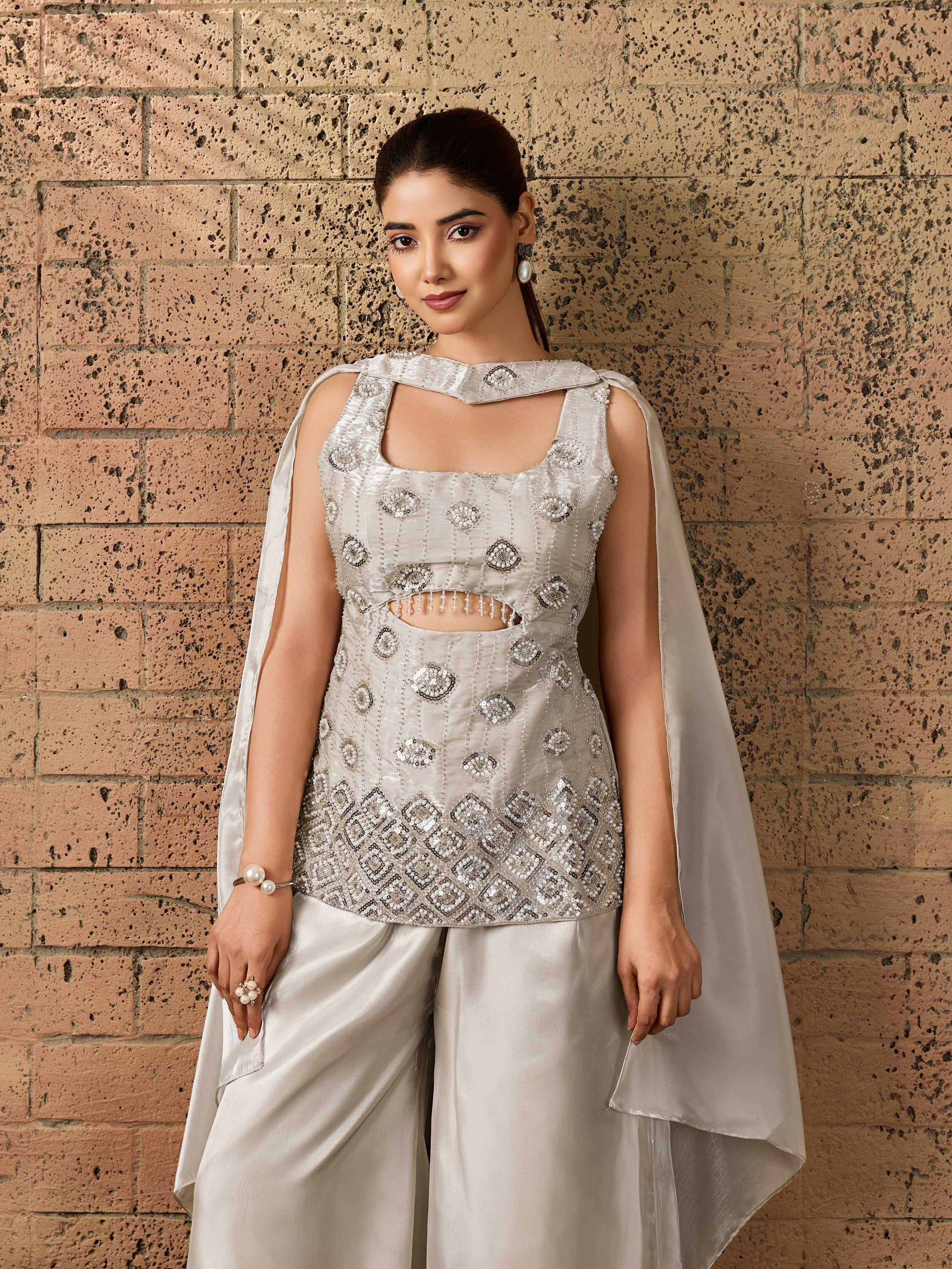 Silver Grey Embellished Organza Silk Palazzo Set