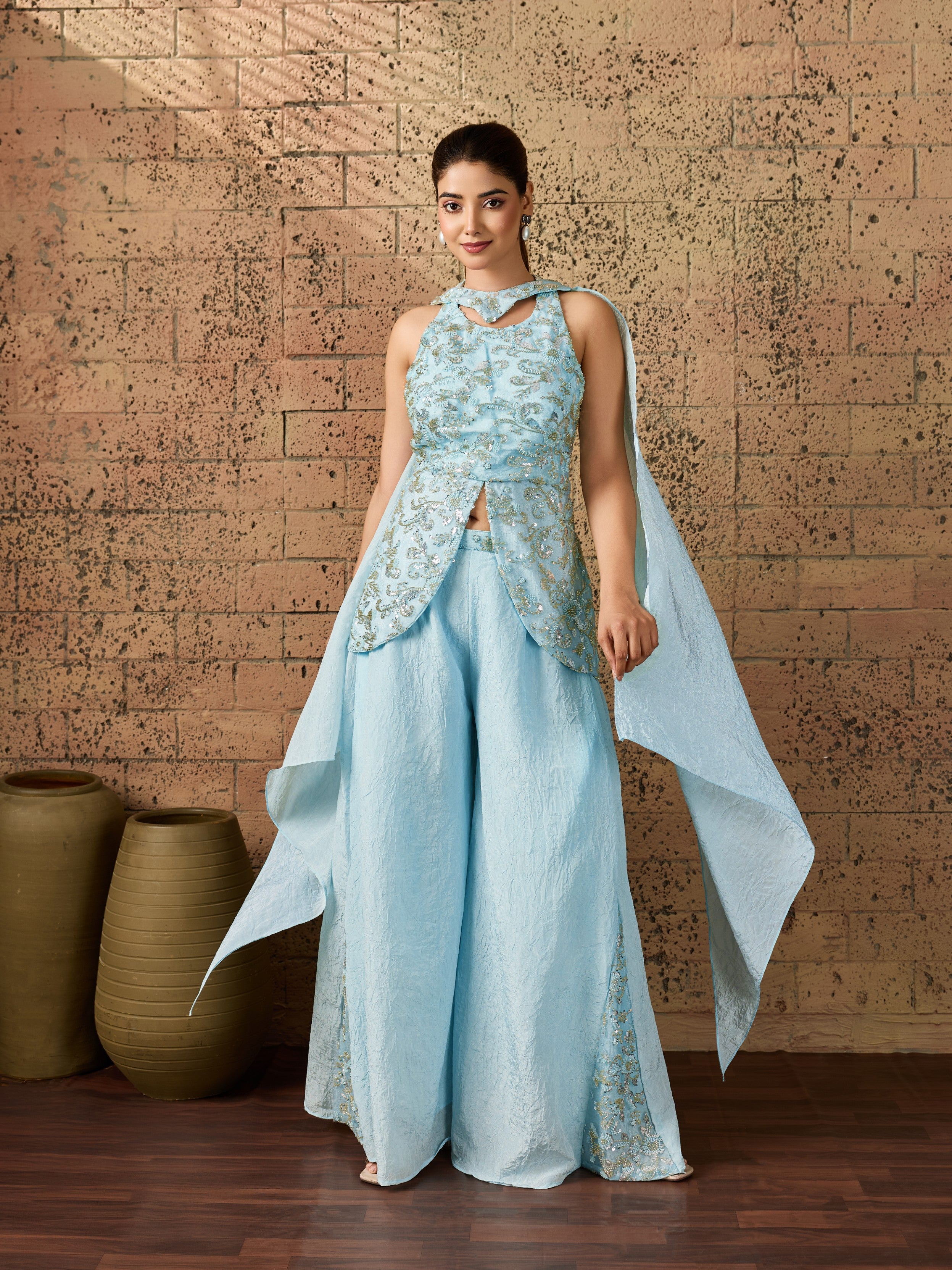 Ice Blue Embellished Crush Silk Palazzo Set