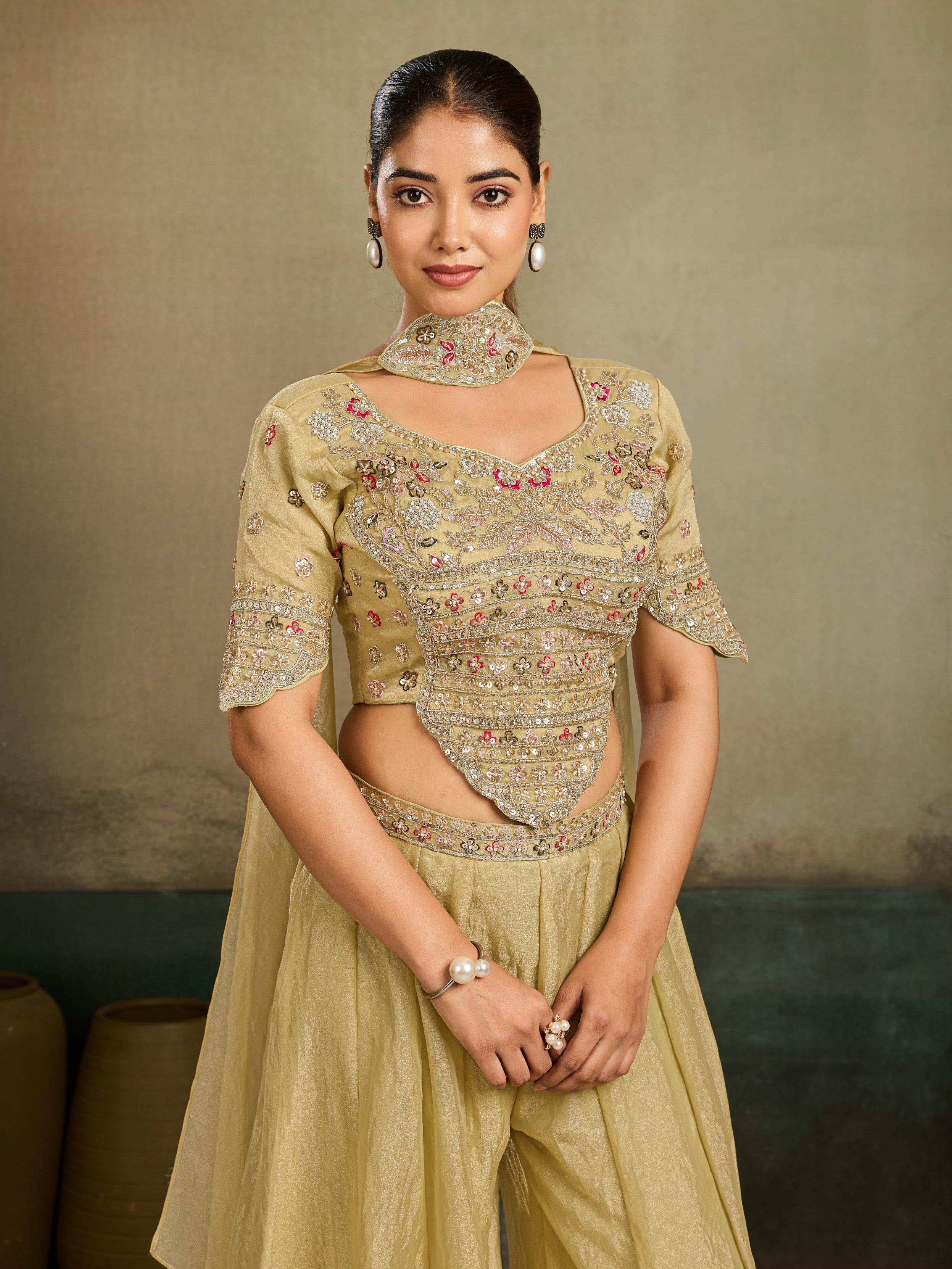 Olive Gold Embellished  Shimmer Tissue Silk Palazzo Set