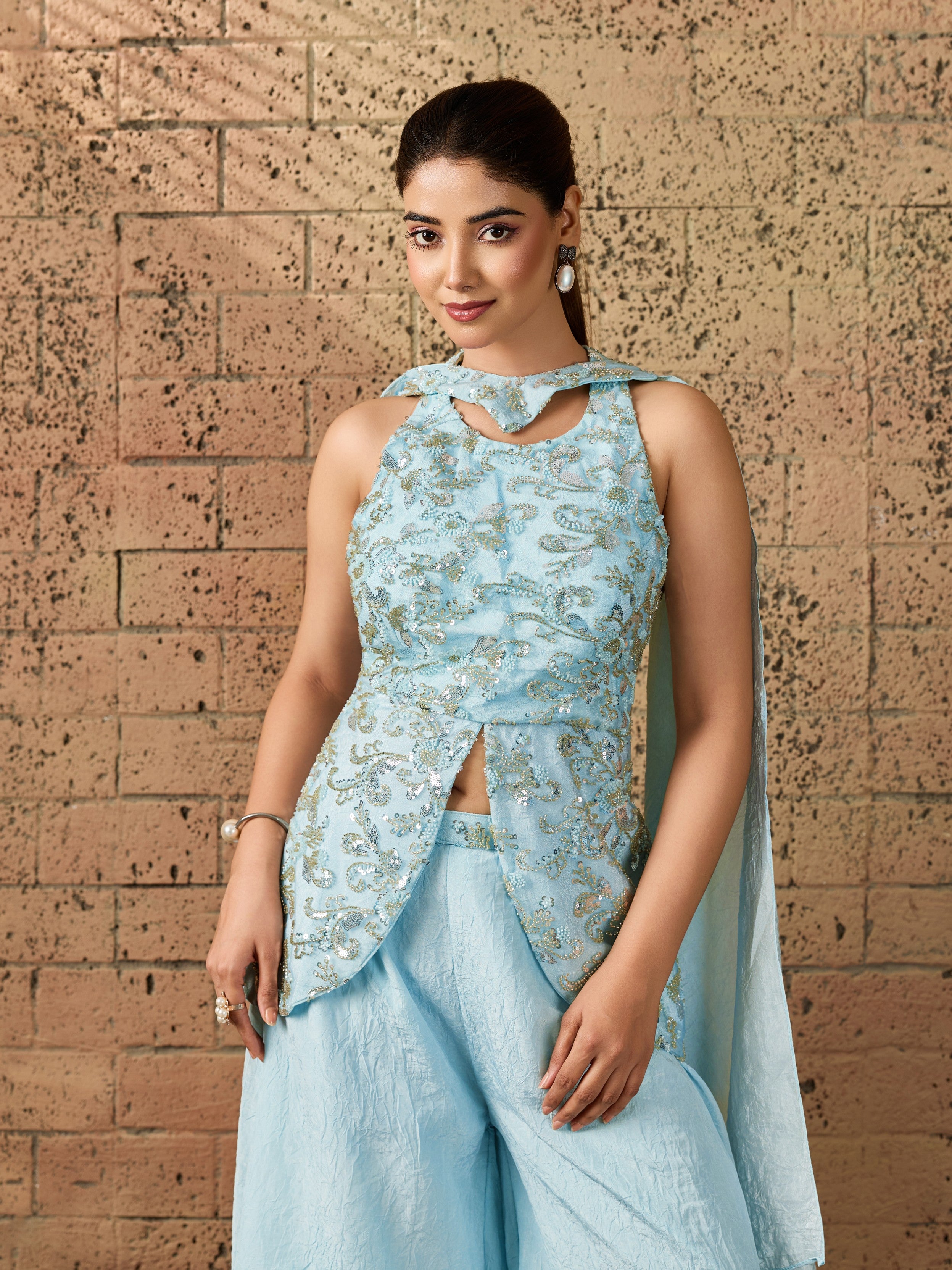 Ice Blue Embellished Crush Silk Palazzo Set