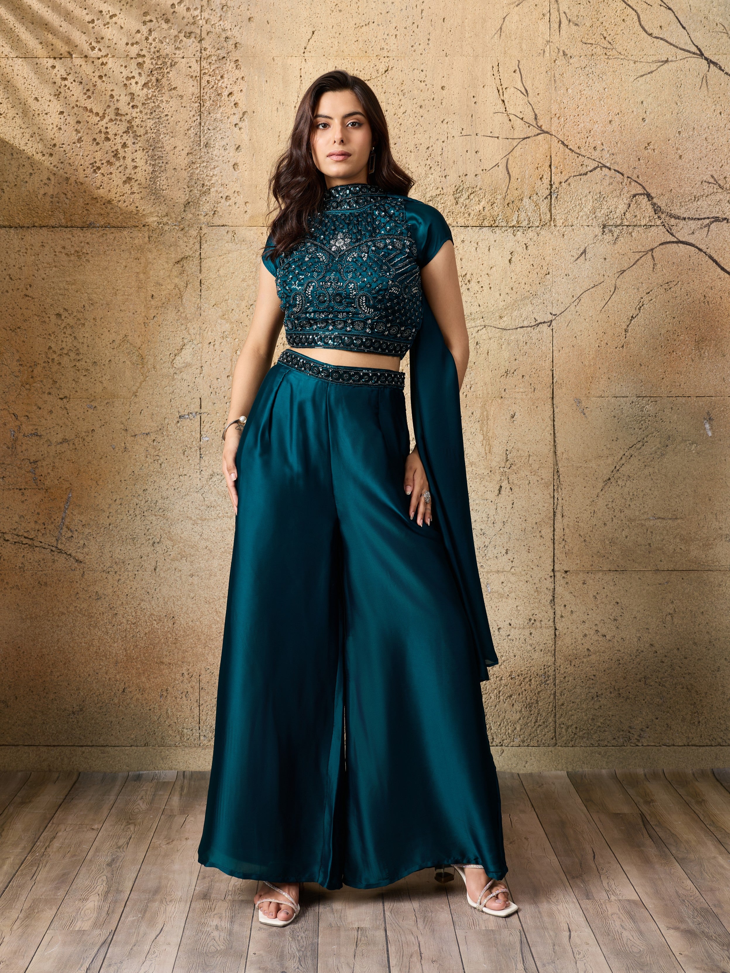 Deep Teal Embellished Satin Silk Palazzo Set