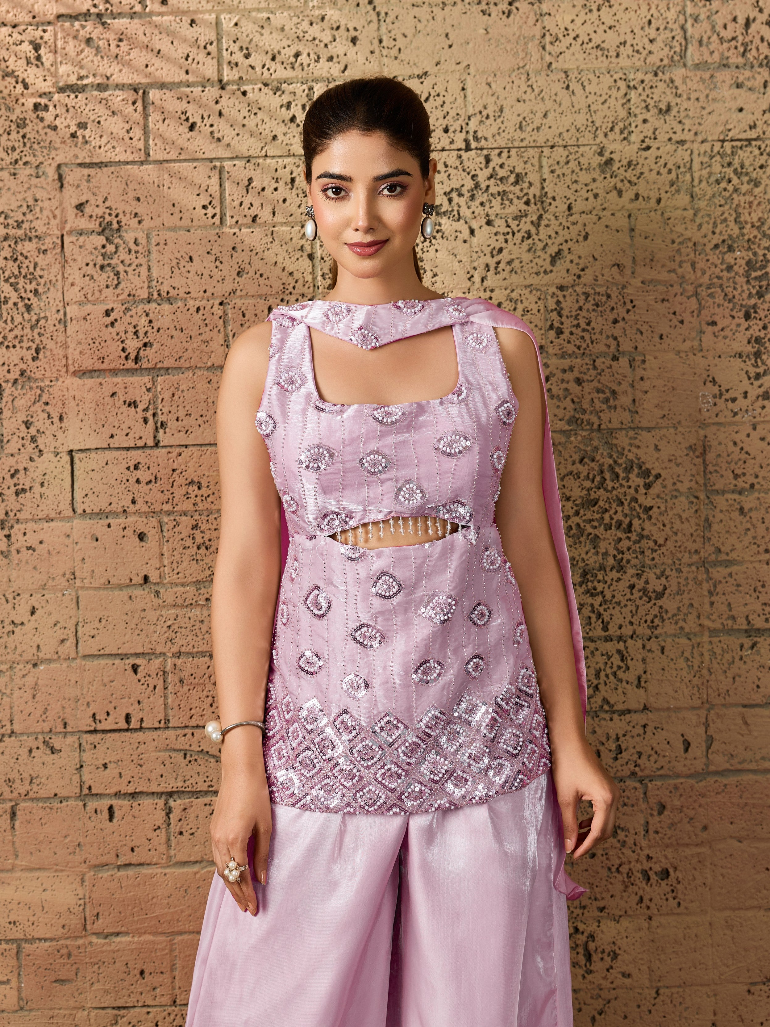 Lilac Embellished Organza Silk Palazzo Set