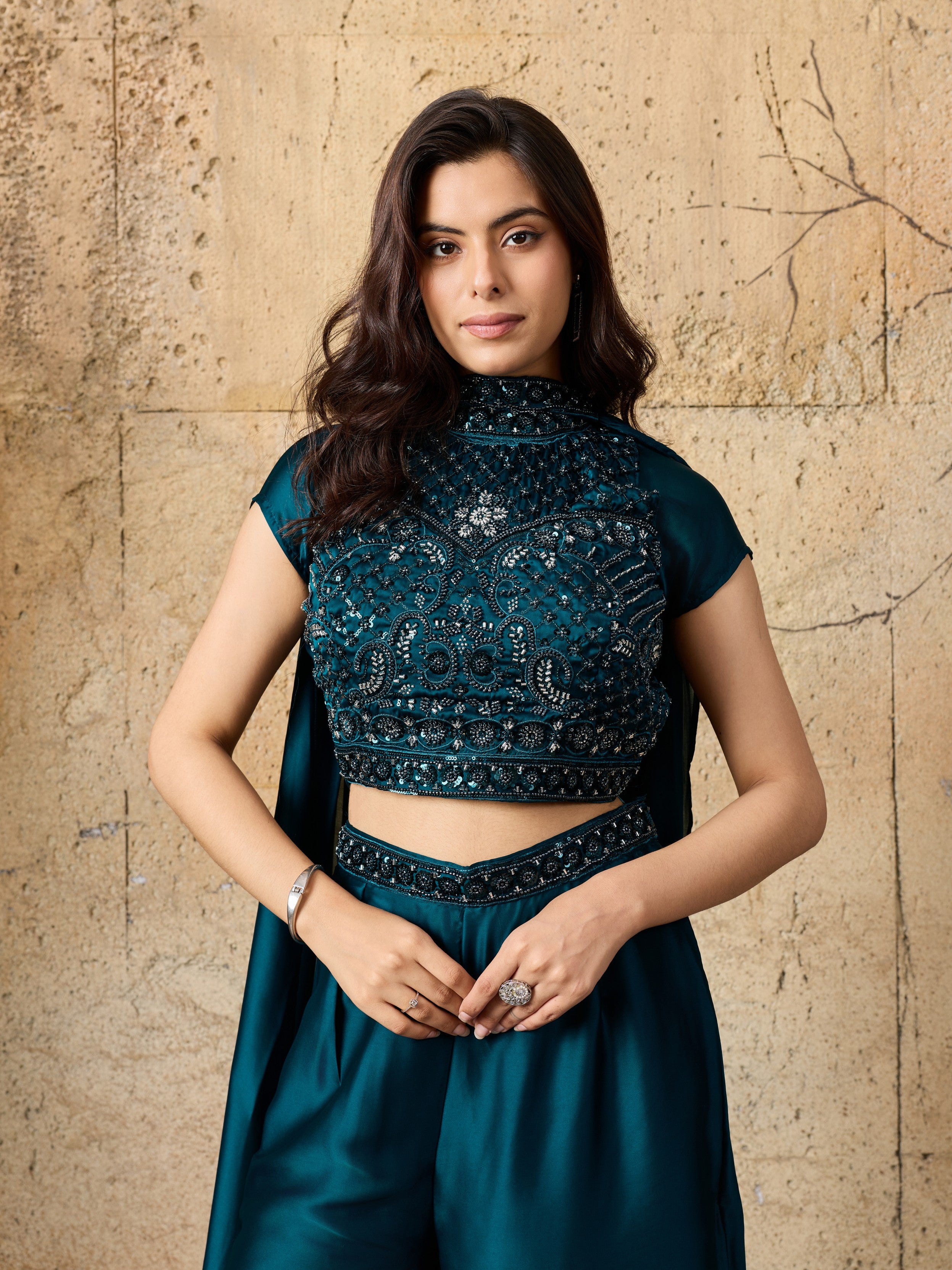Deep Teal Embellished Satin Silk Palazzo Set
