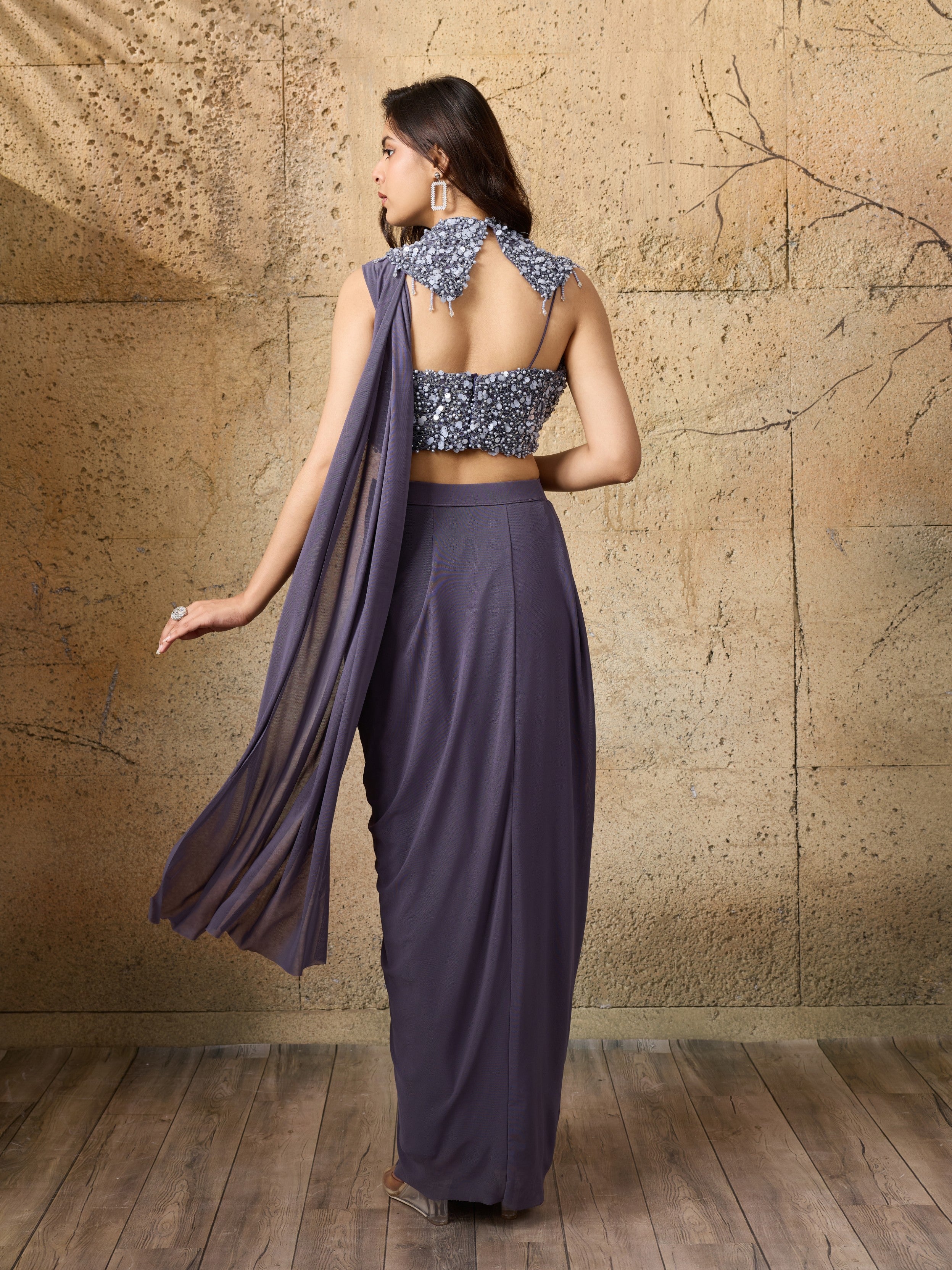 Slate Grey Embellished Pre-Draped Net Saree