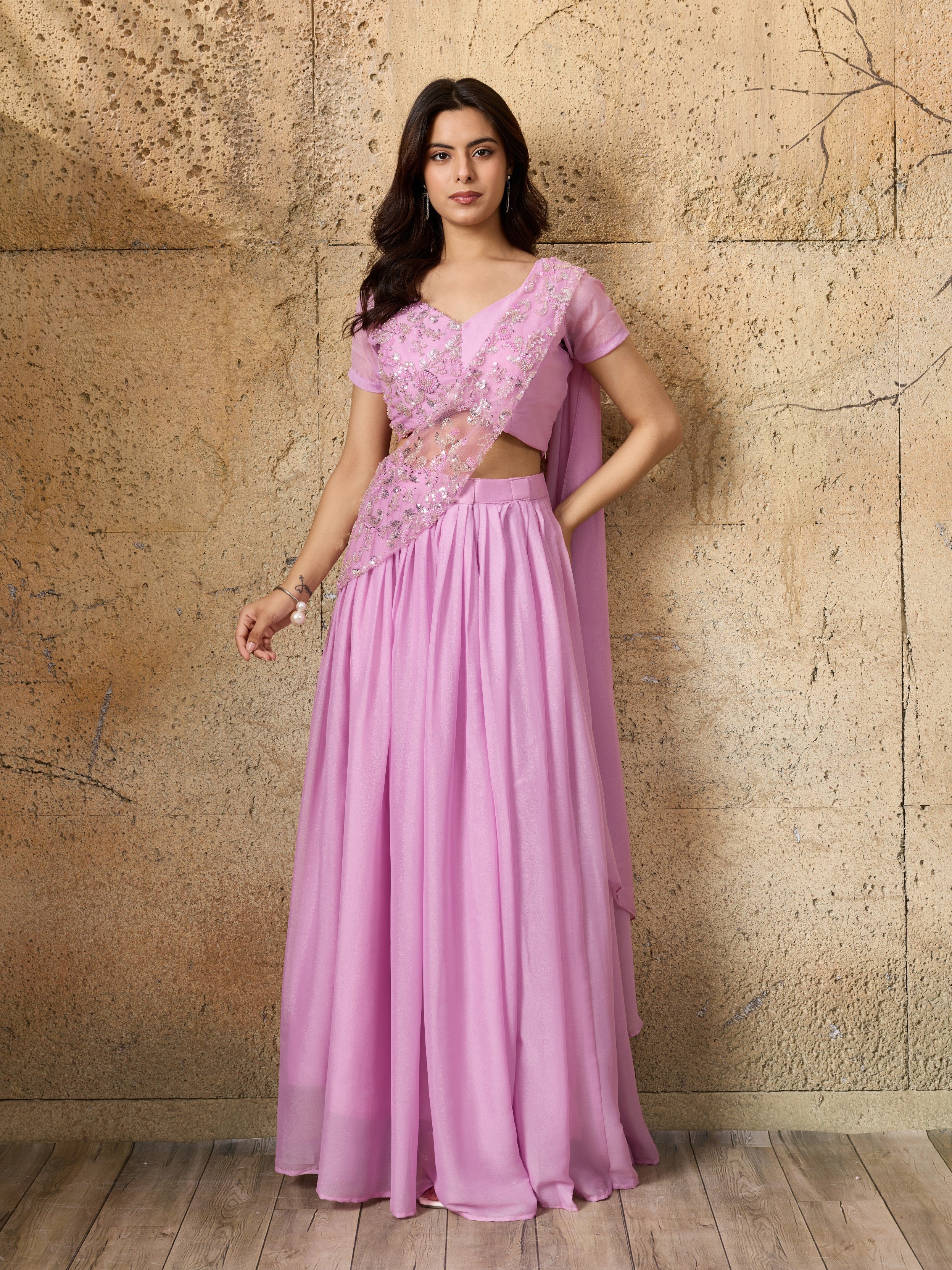 Soft Lilac Embellished Shimmer Silk Skirt Set