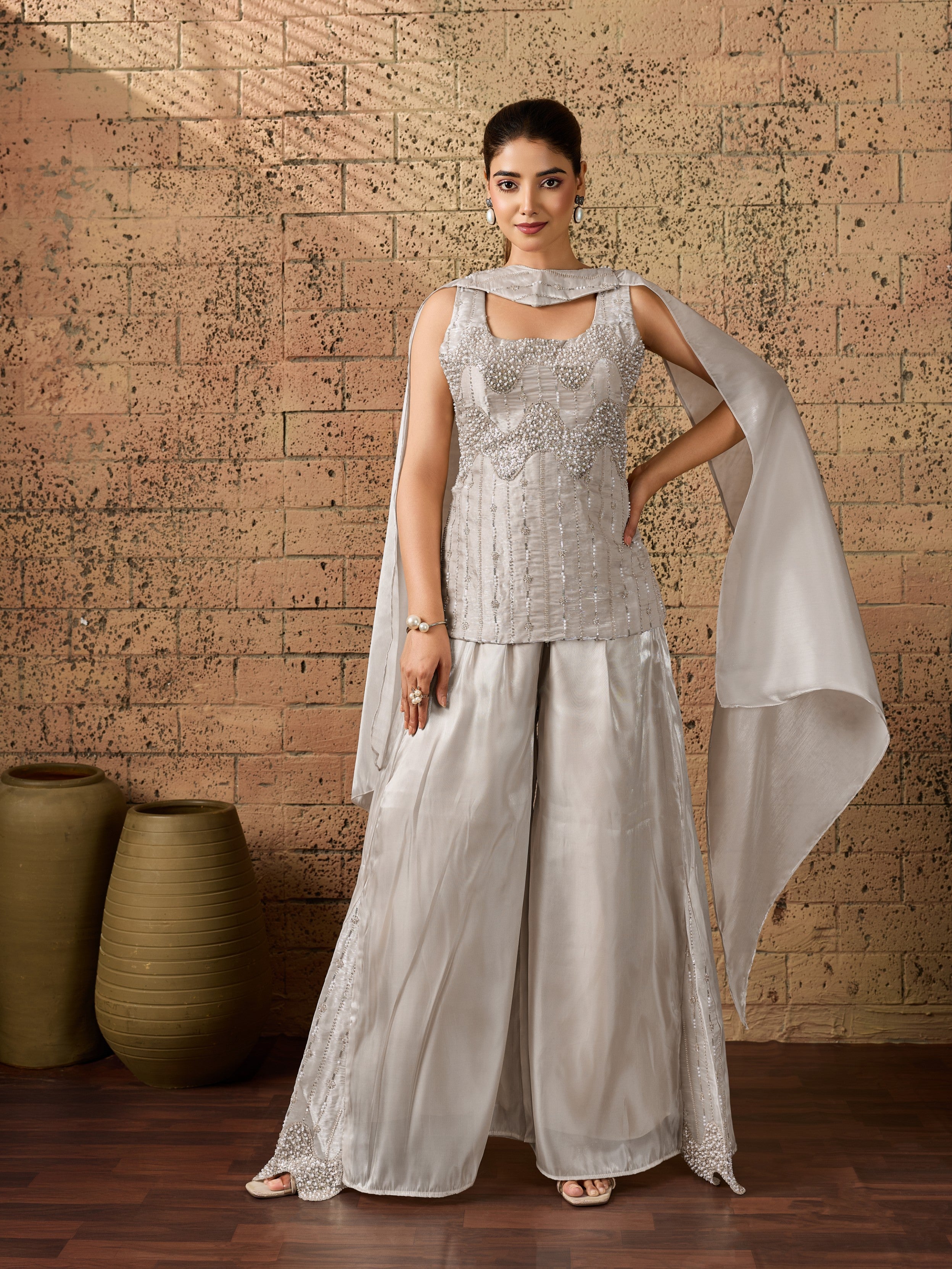 Dove Grey Embellished Organza Silk Palazzo Set