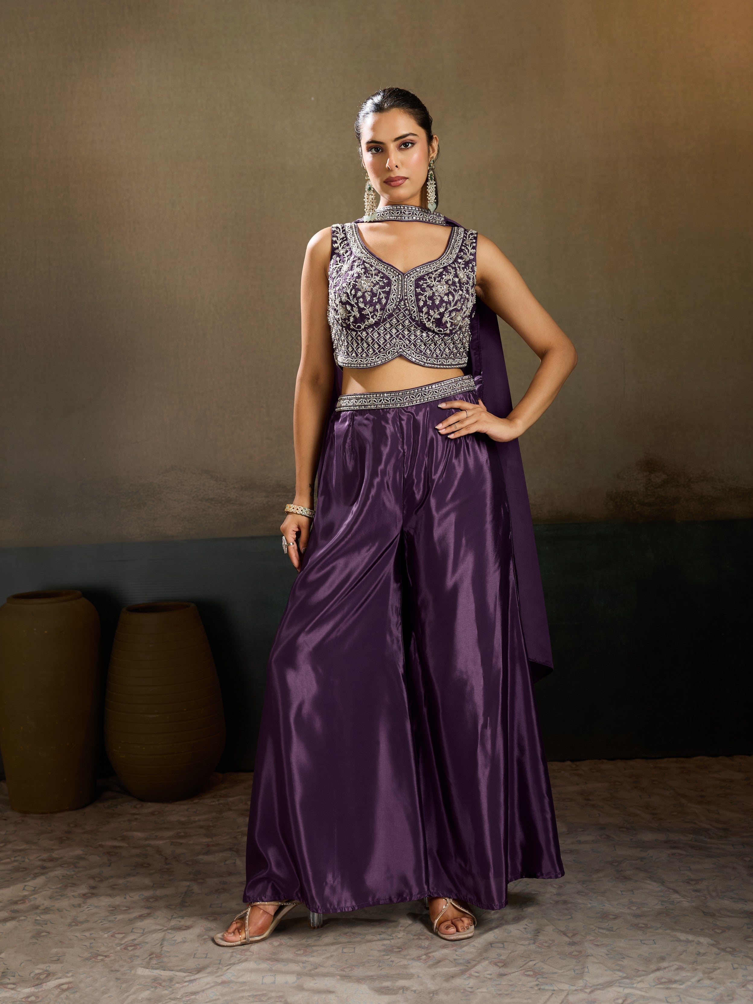 Royal Purple Embellished Premium Silk Palazzo Set