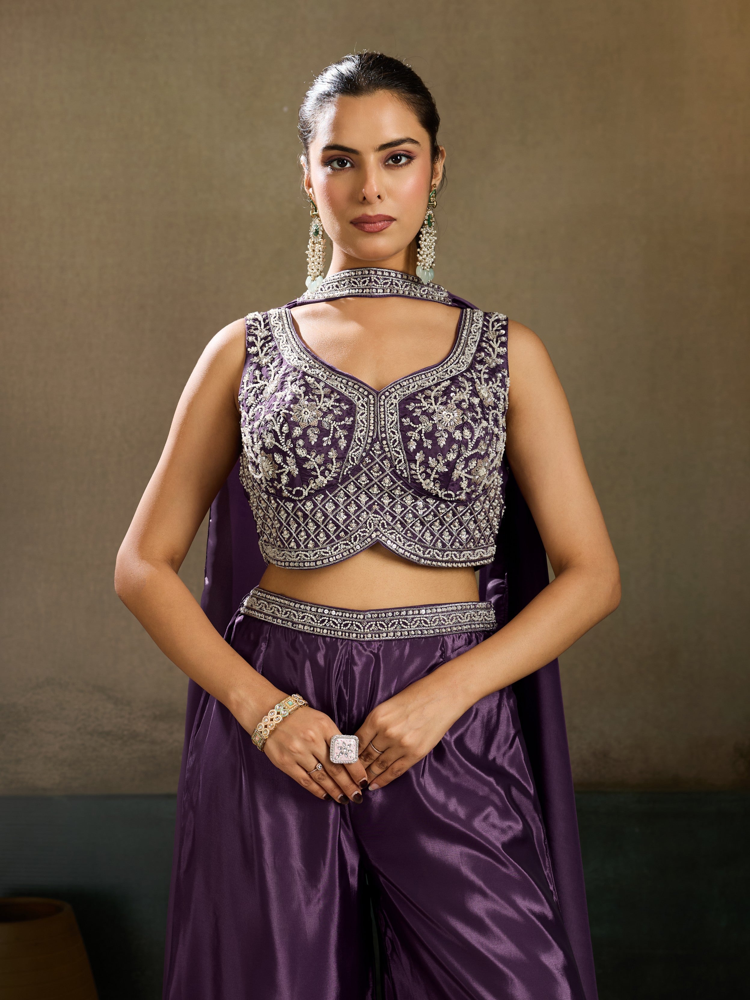 Royal Purple Embellished Premium Silk Palazzo Set