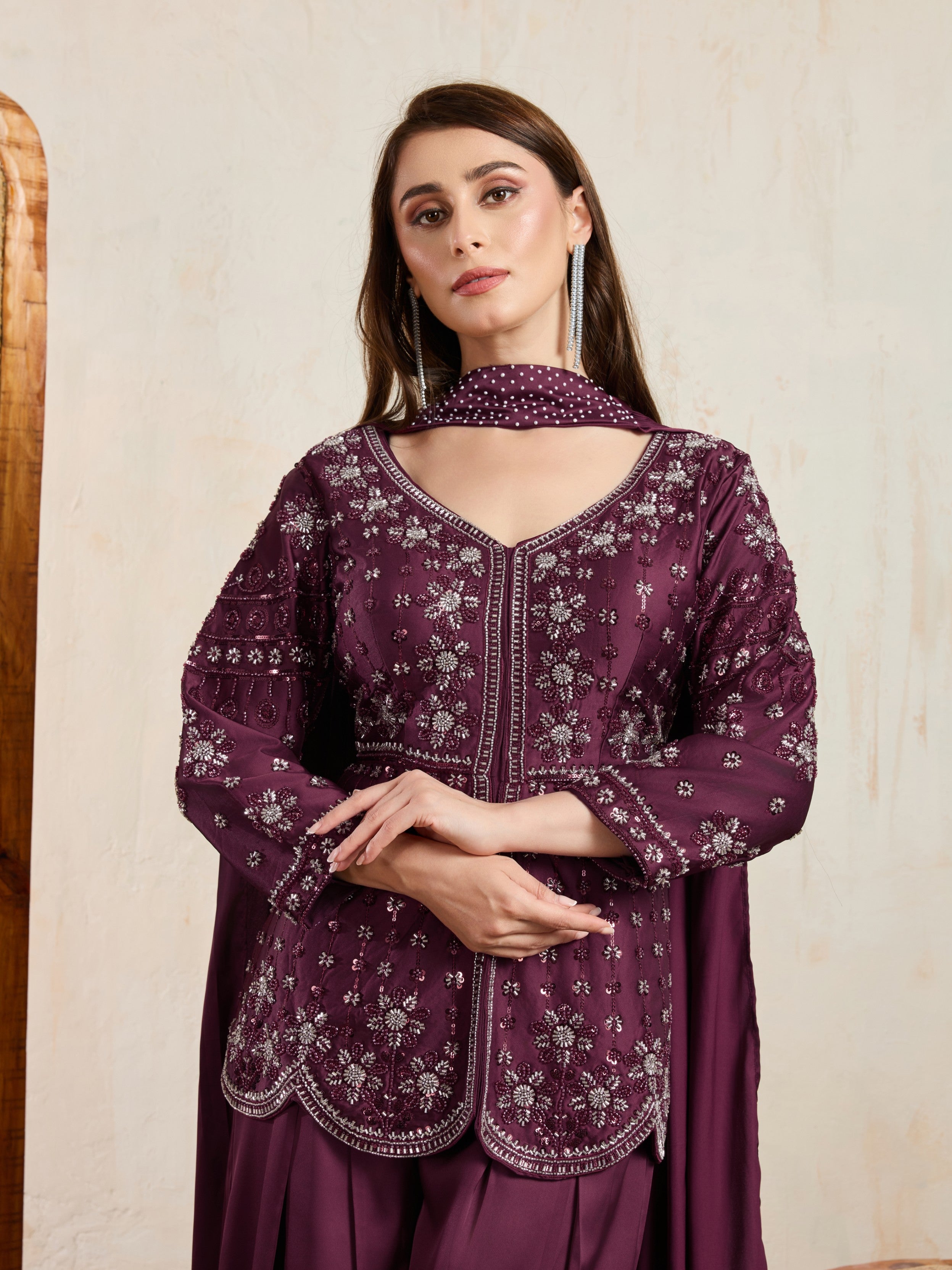 Plum Embellished Satin Silk Palazzo Set