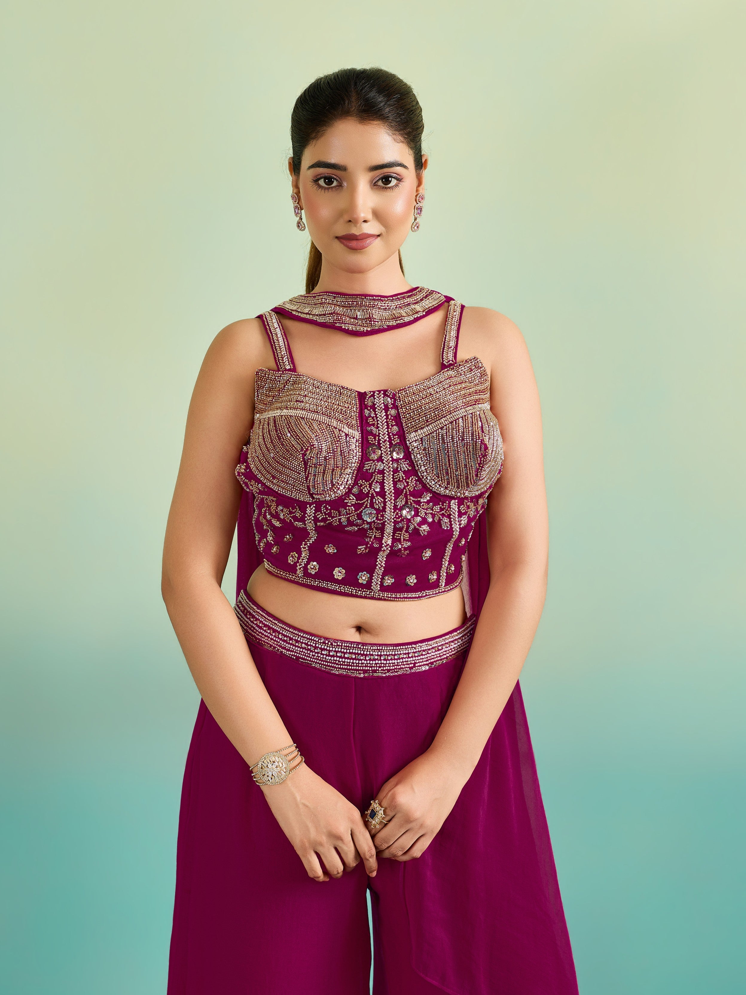 Magenta Pink Embellished Chinon Silk Palazzo Set