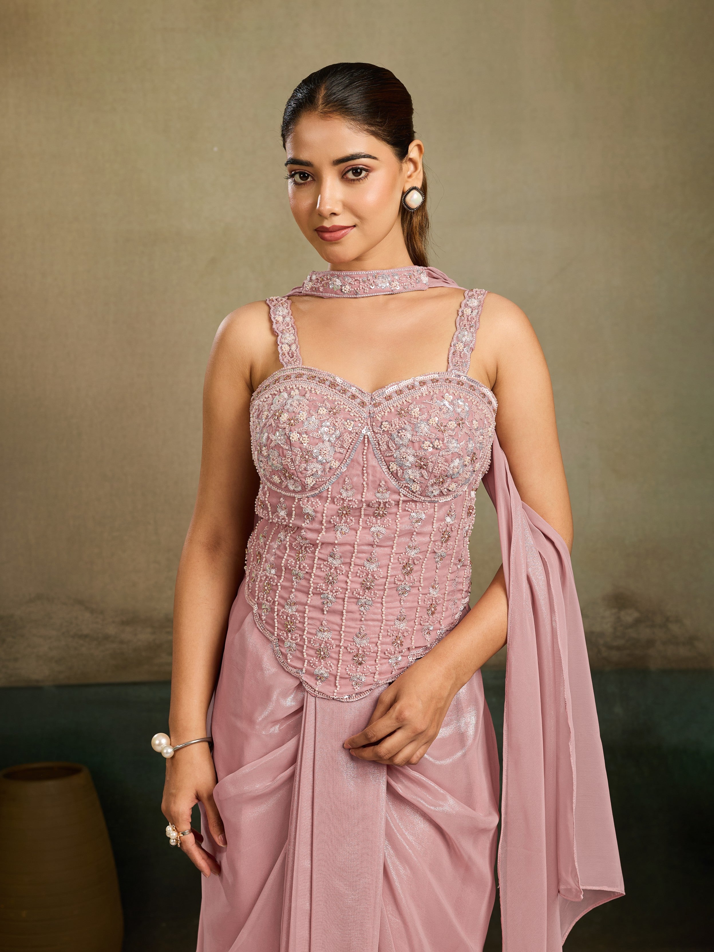 Rose Pink Embellished Metallic Shimmer Silk Skirt Set