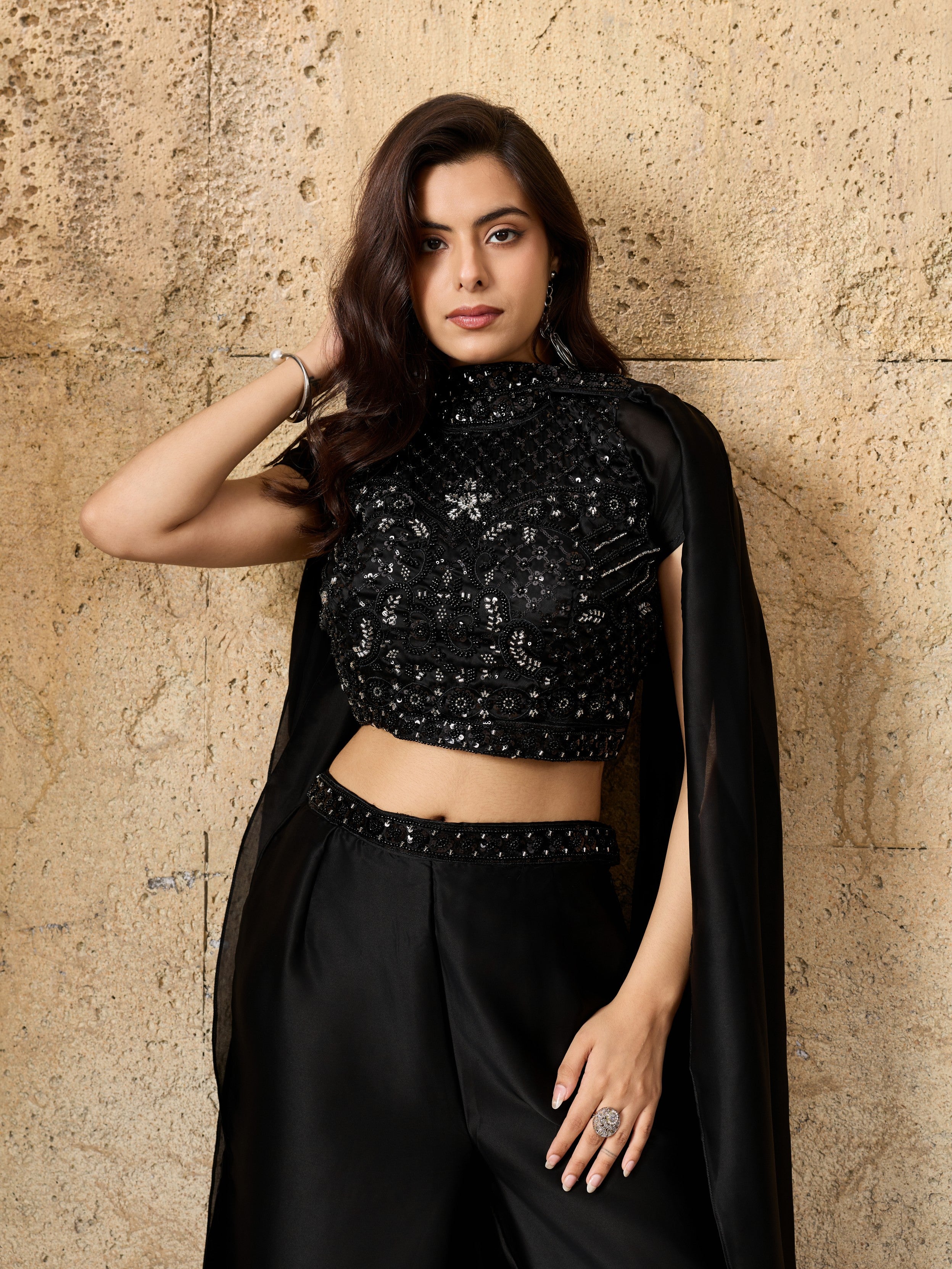 Deep Black Embellished Satin Silk Palazzo Set