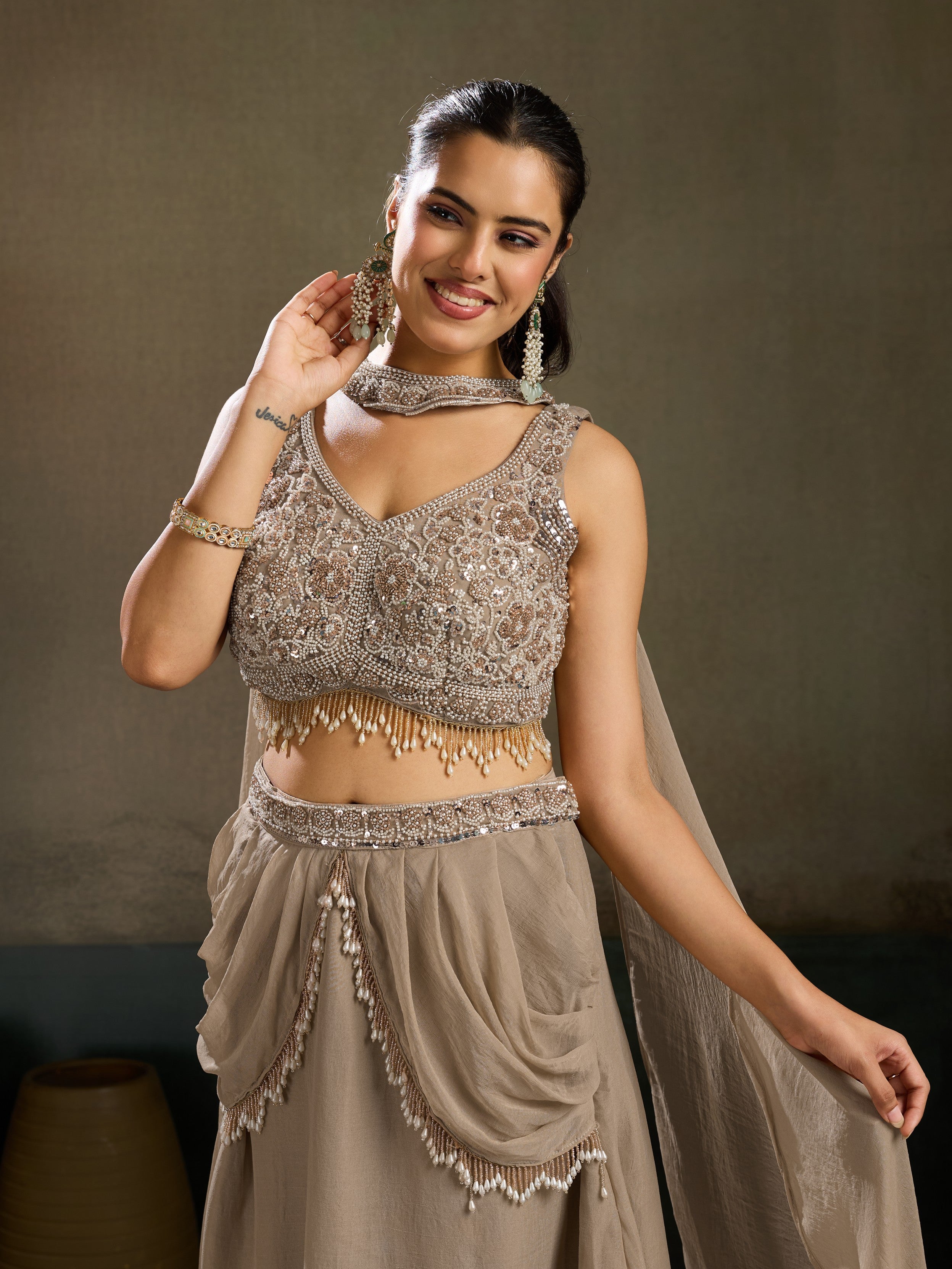 Taupe Embellished Chinon Silk Skirt Set