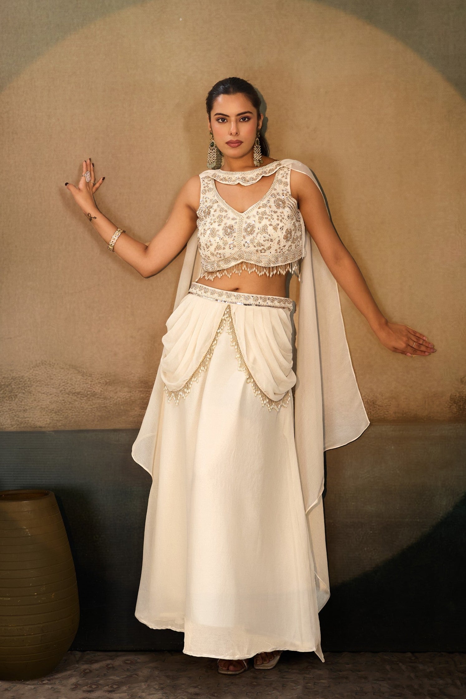 Ivory Embellished Chinon Silk Skirt Set